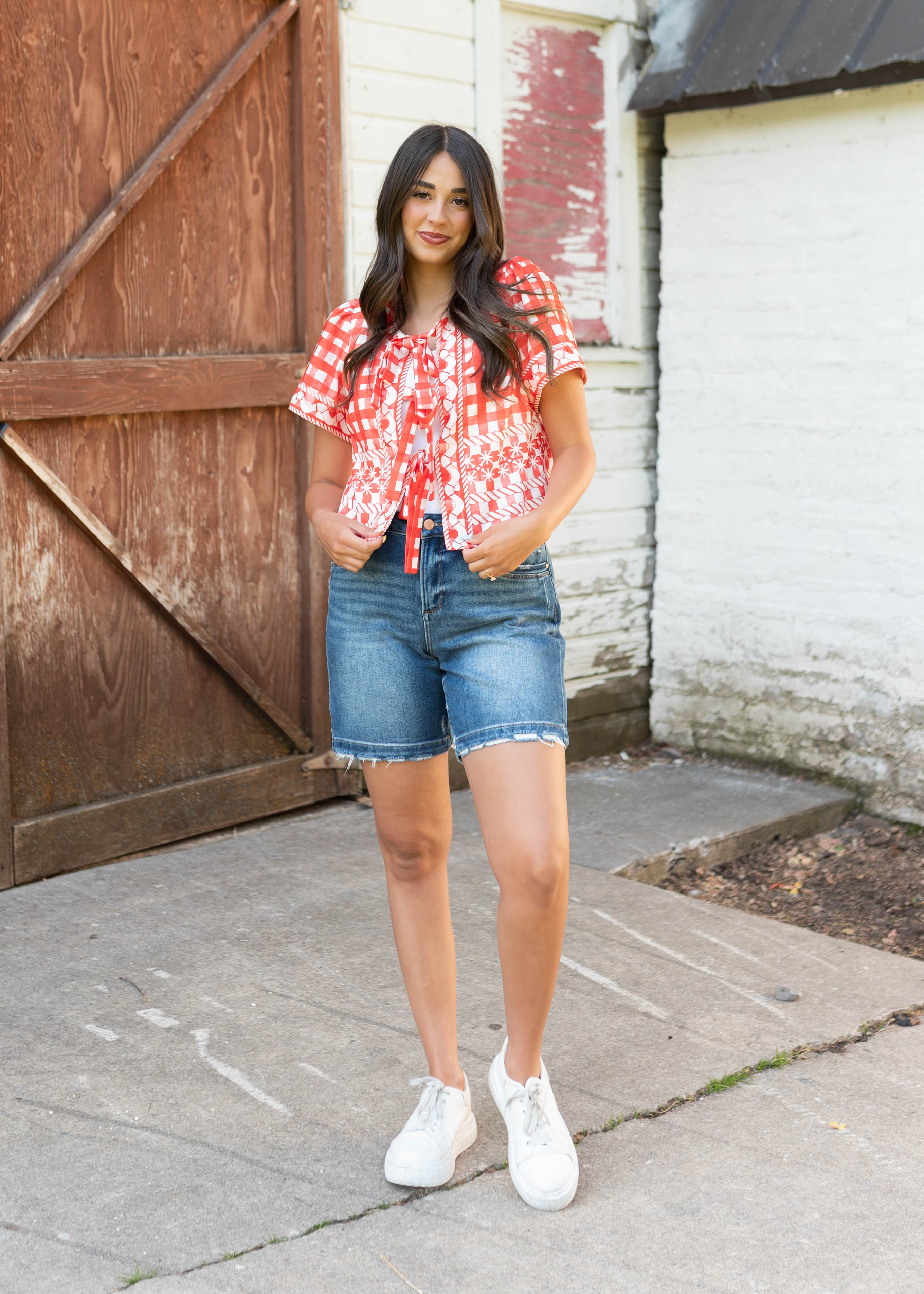 Juliette Red Patterned Tie Blouse