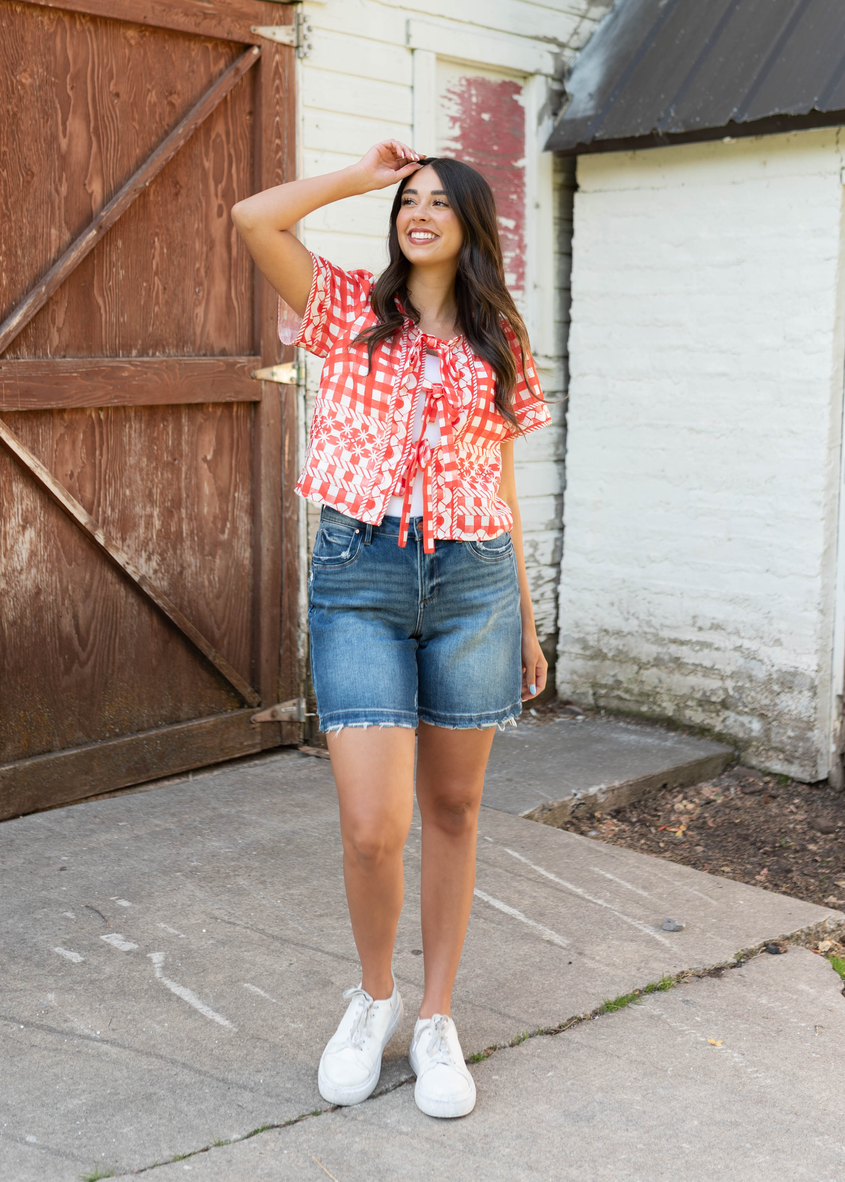 Juliette Red Patterned Tie Blouse