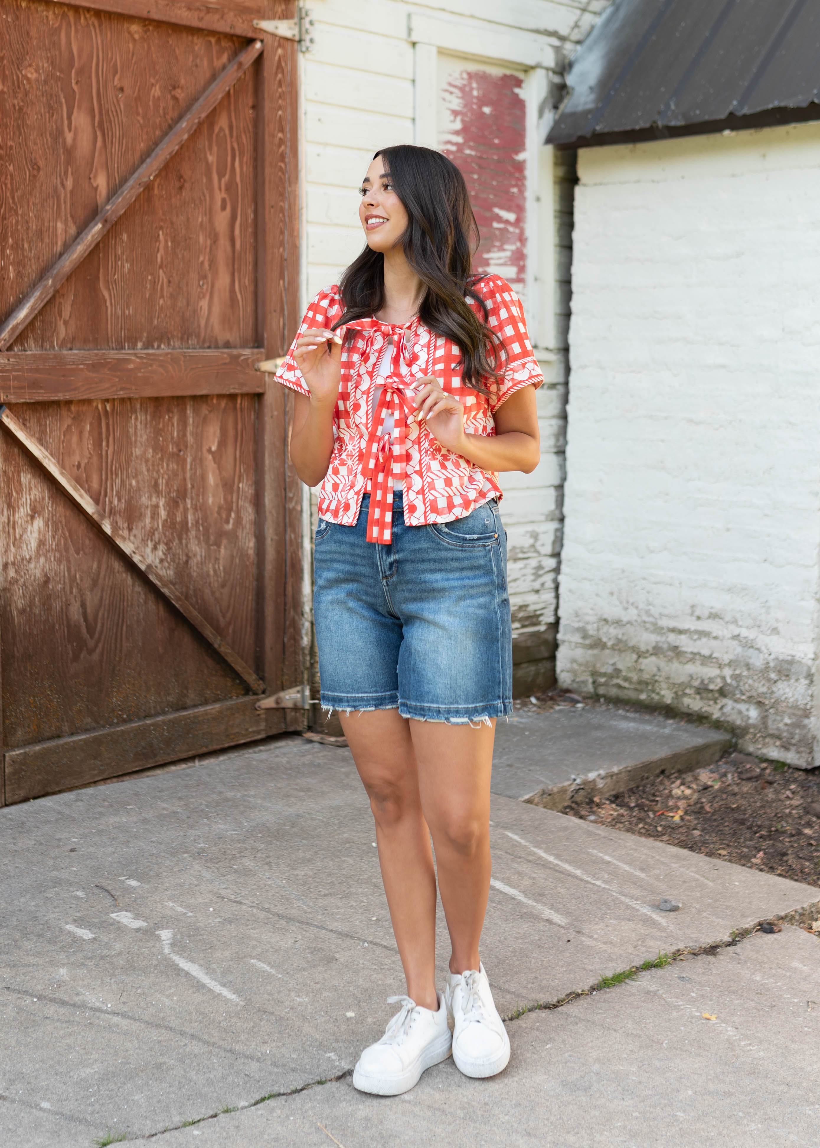 Juliette Red Patterned Tie Blouse