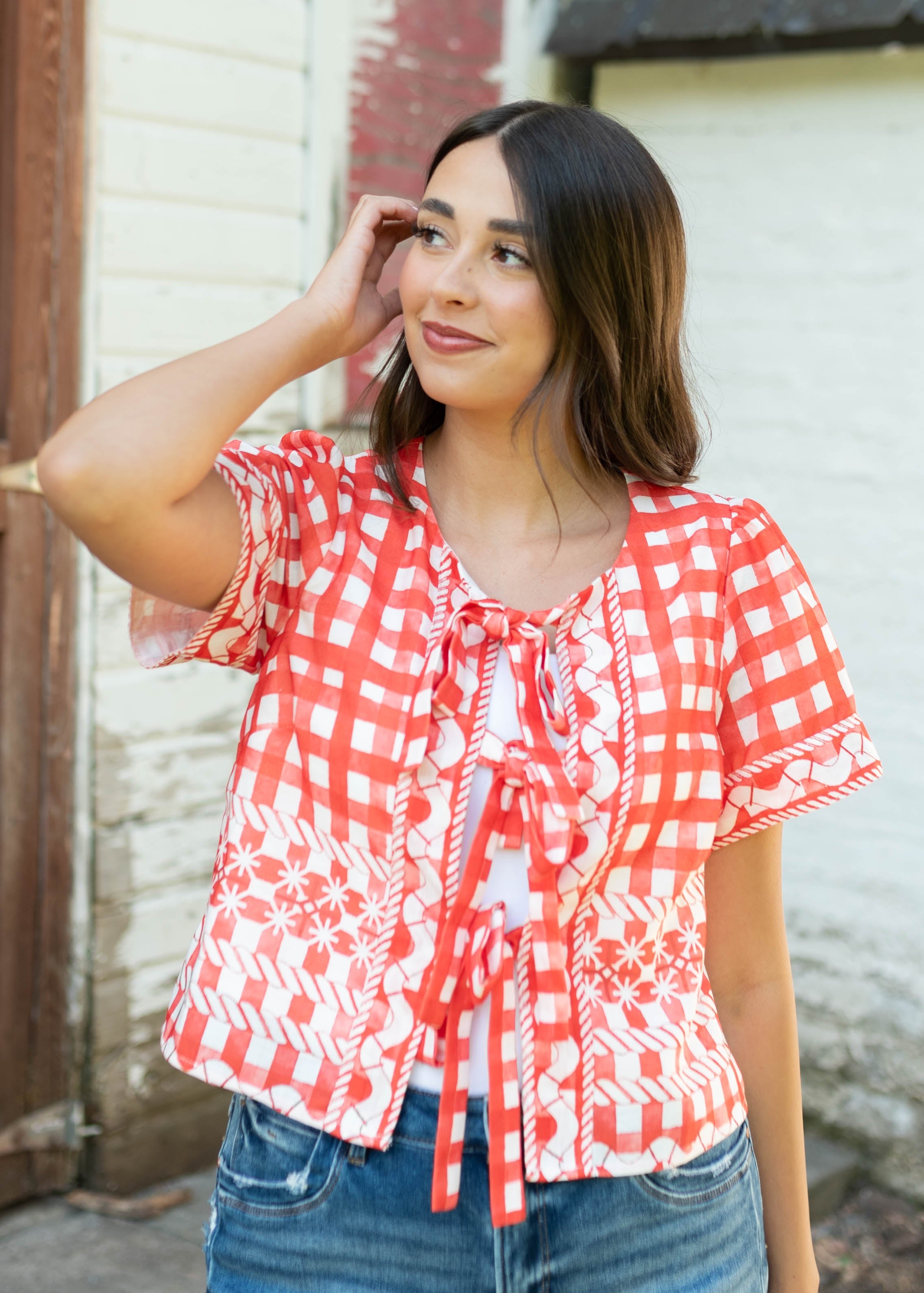 Juliette Red Patterned Tie Blouse