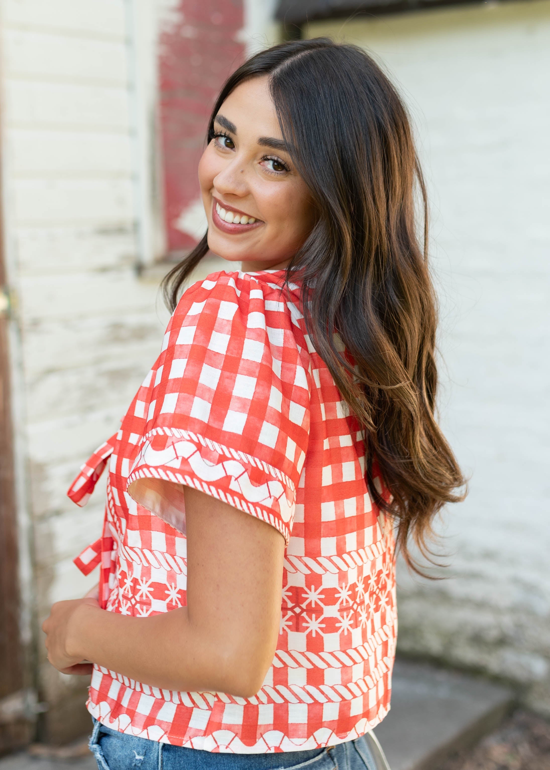 Juliette Red Patterned Tie Blouse