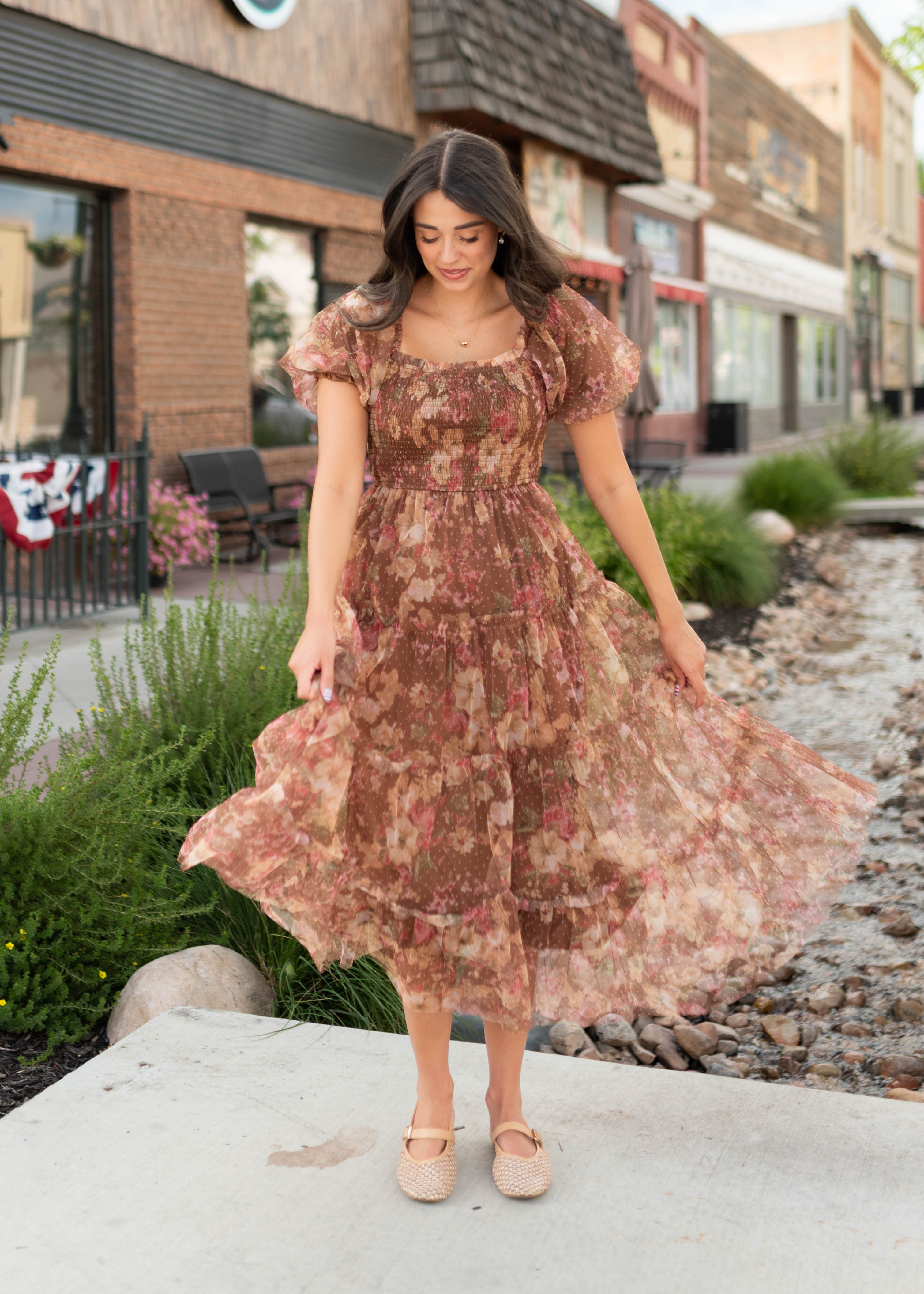 Justine Brown Floral Tulle Puff Sleeve Dress