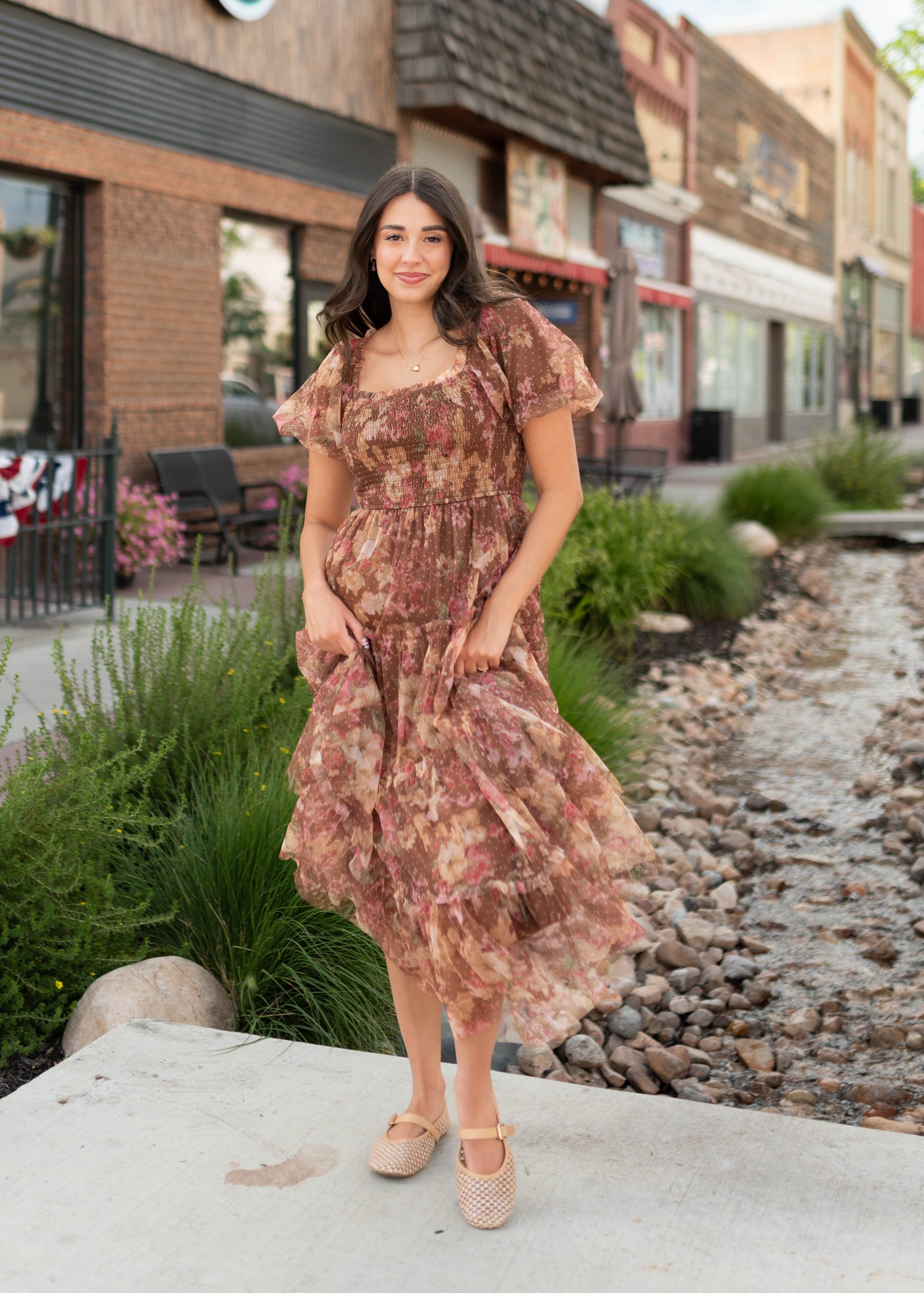 Justine Brown Floral Tulle Puff Sleeve Dress