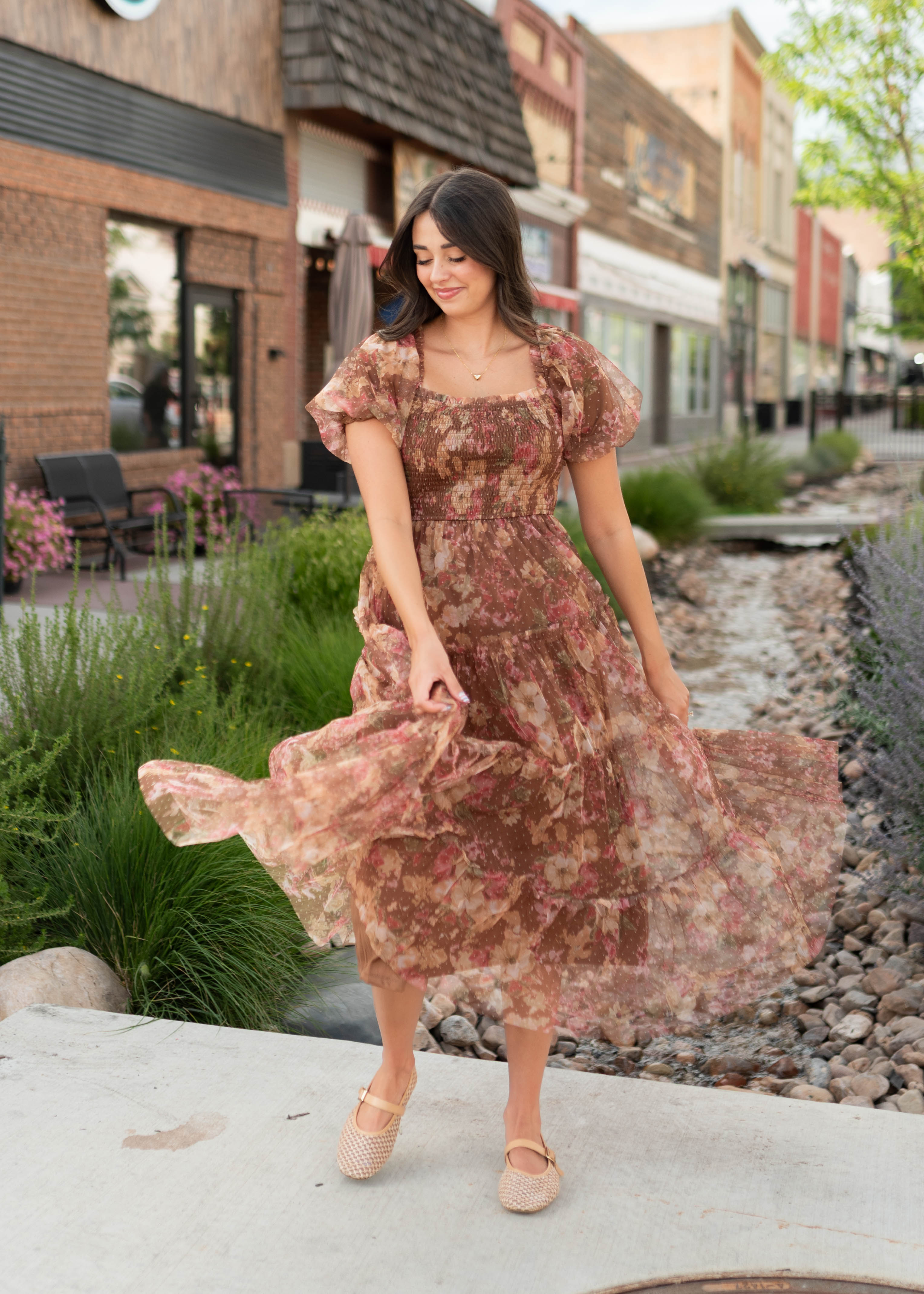 Justine Brown Floral Tulle Puff Sleeve Dress