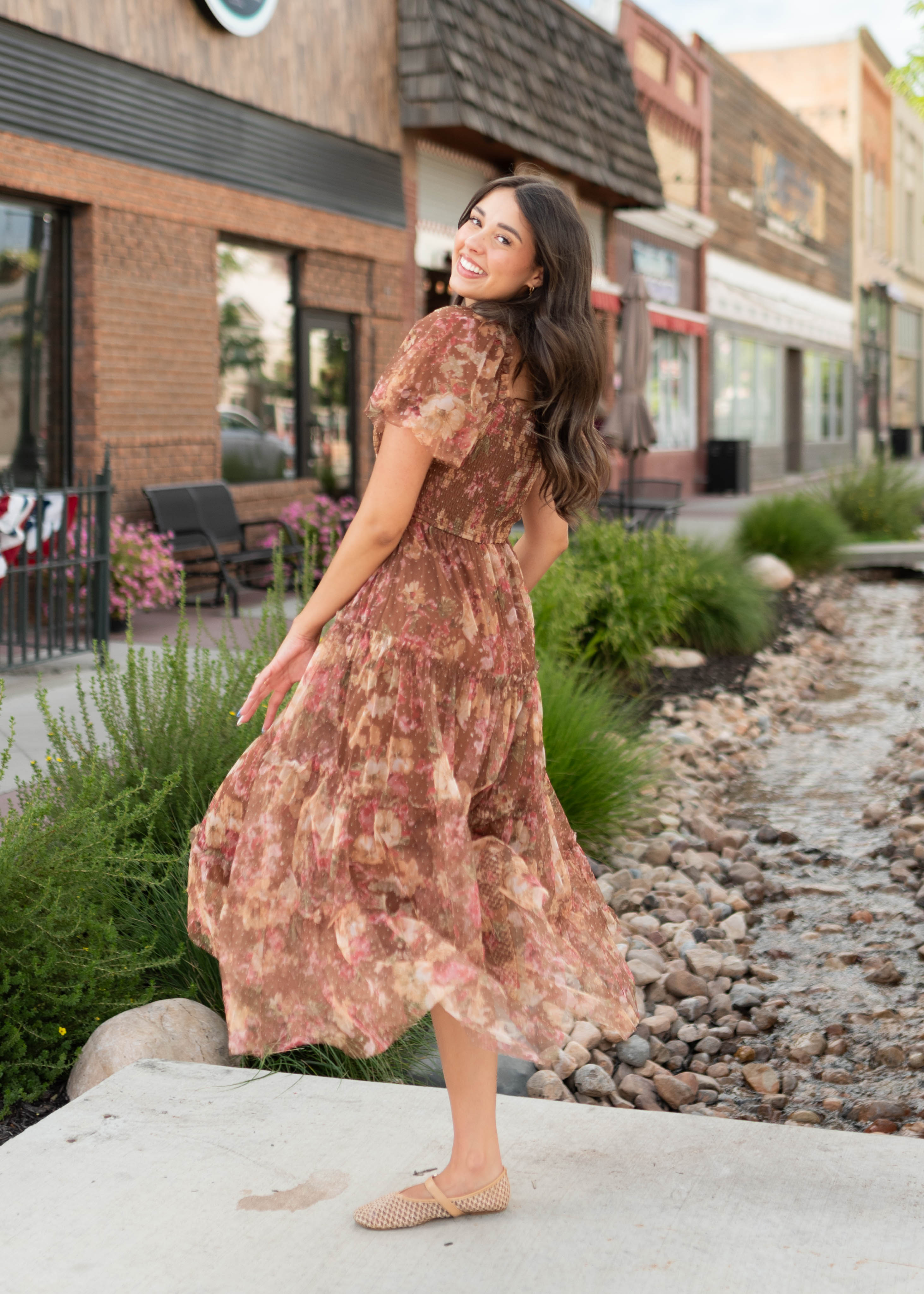 Justine Brown Floral Tulle Puff Sleeve Dress