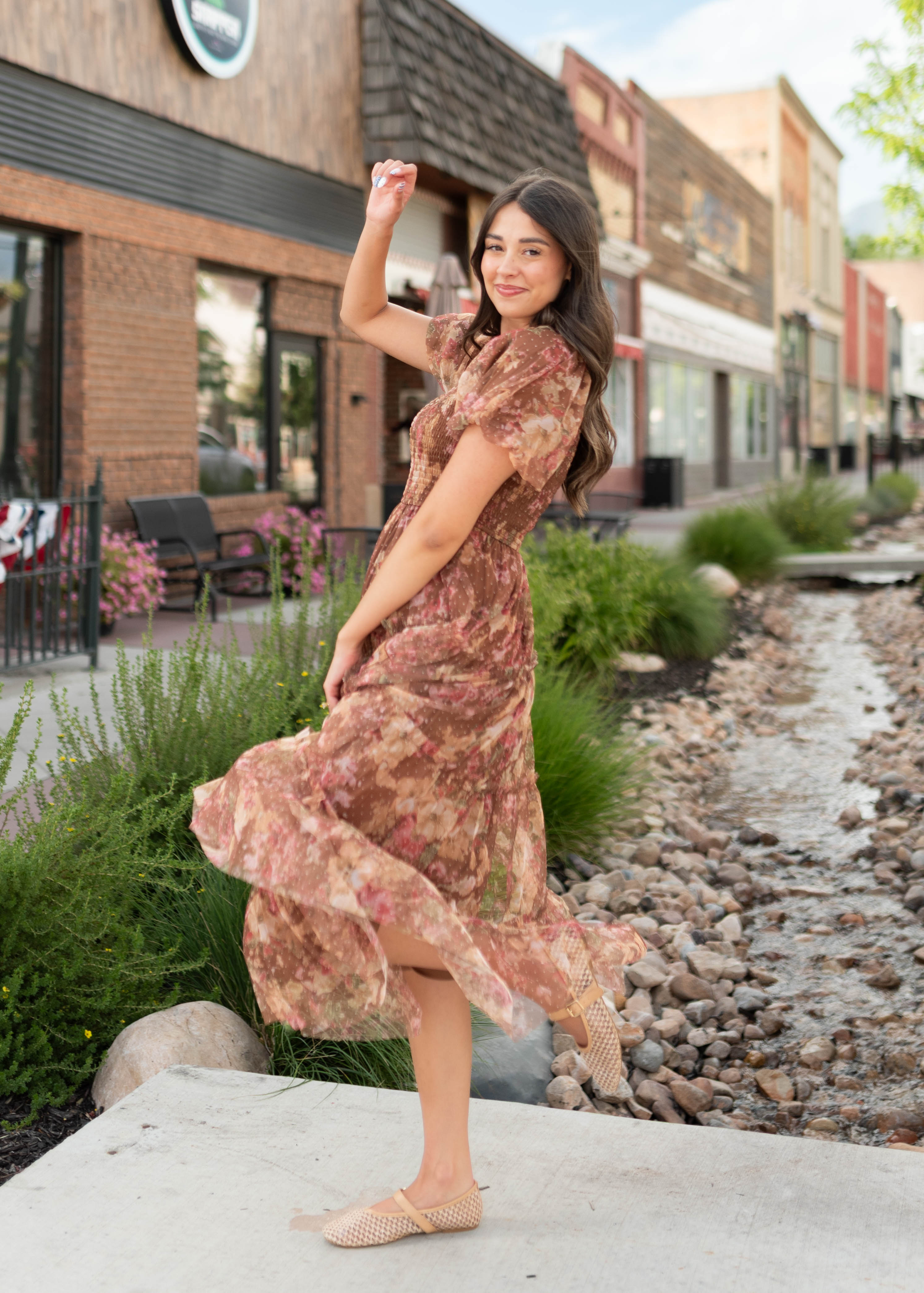 Justine Brown Floral Tulle Puff Sleeve Dress
