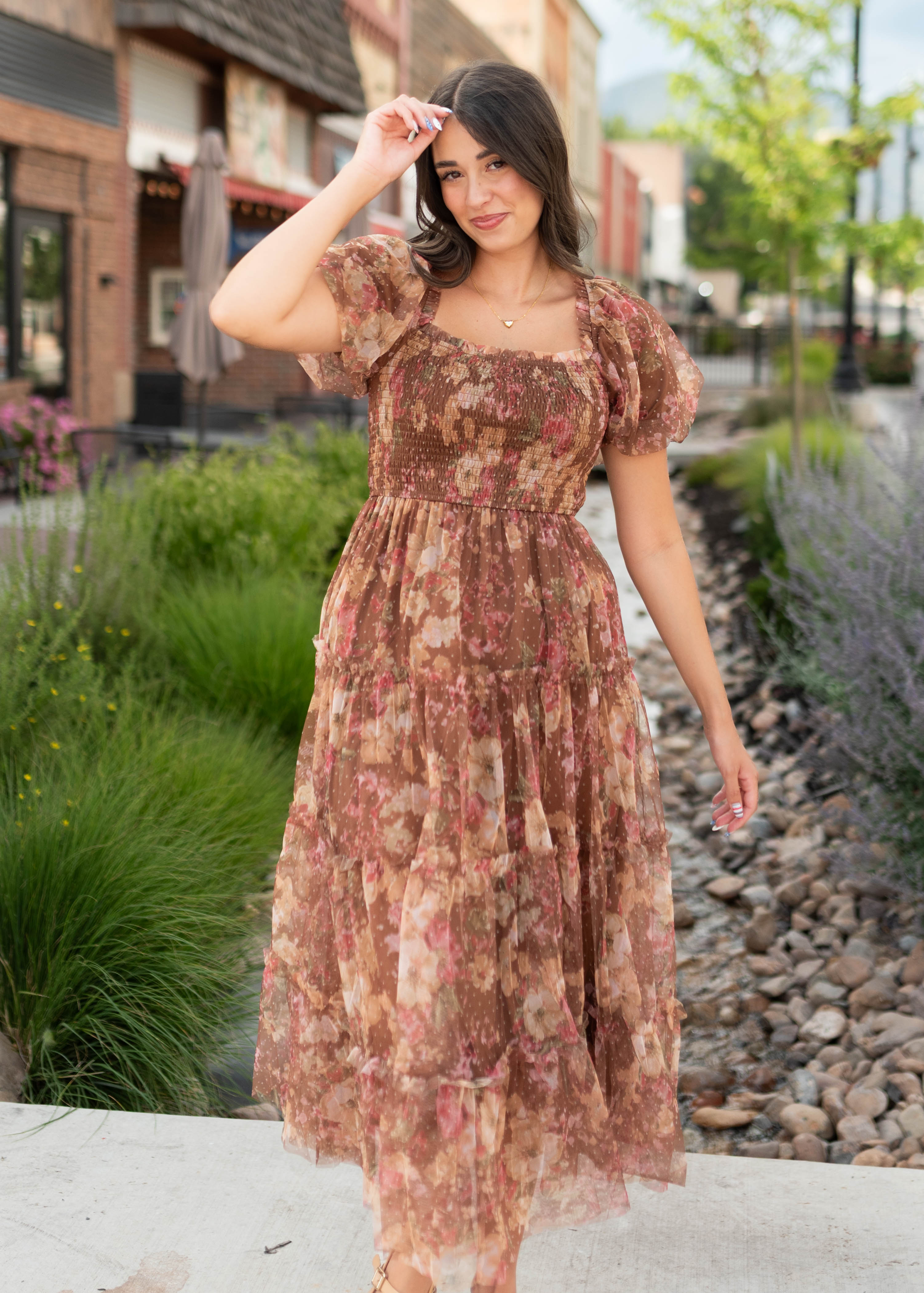 Justine Brown Floral Tulle Puff Sleeve Dress