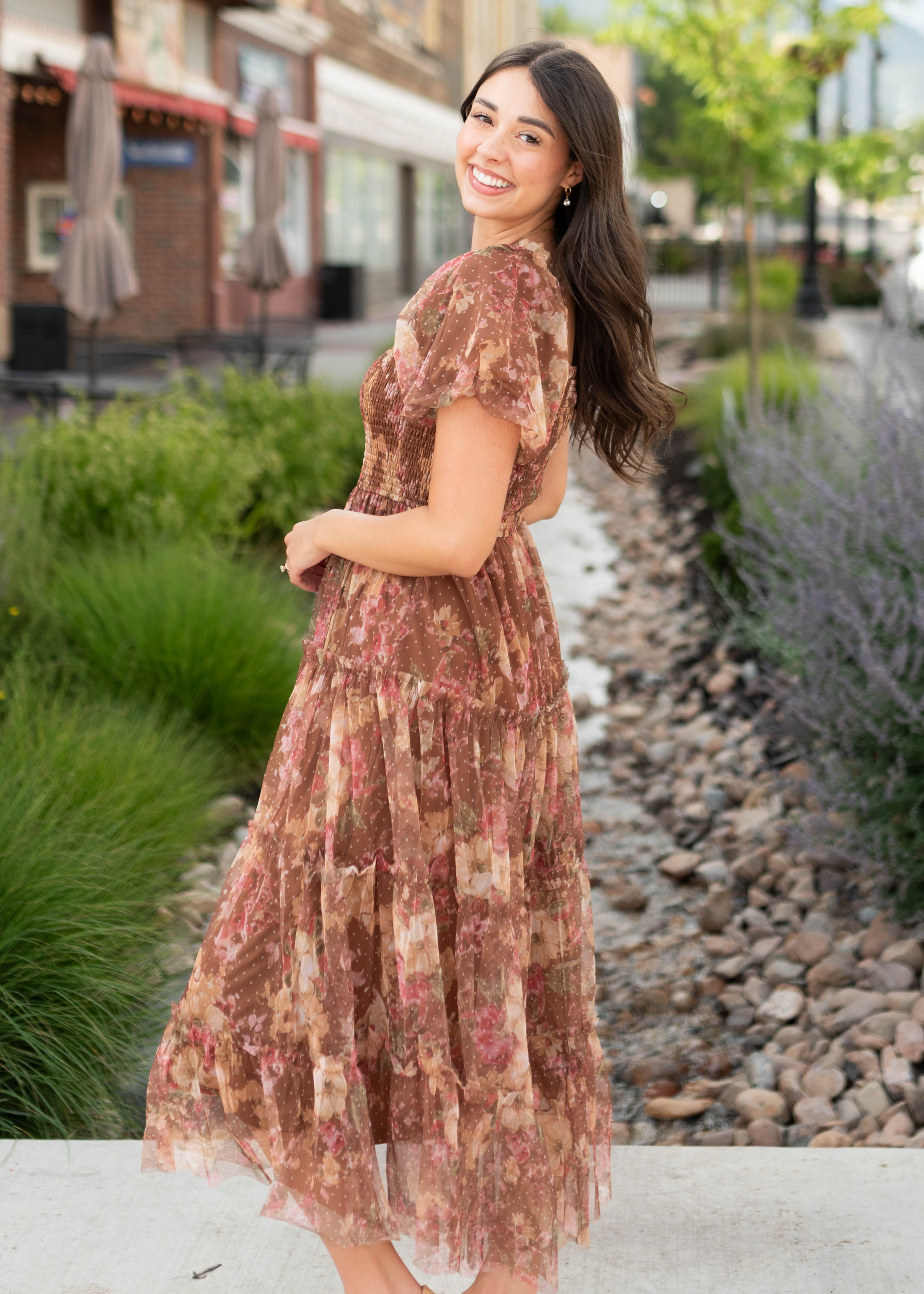 Justine Brown Floral Tulle Puff Sleeve Dress