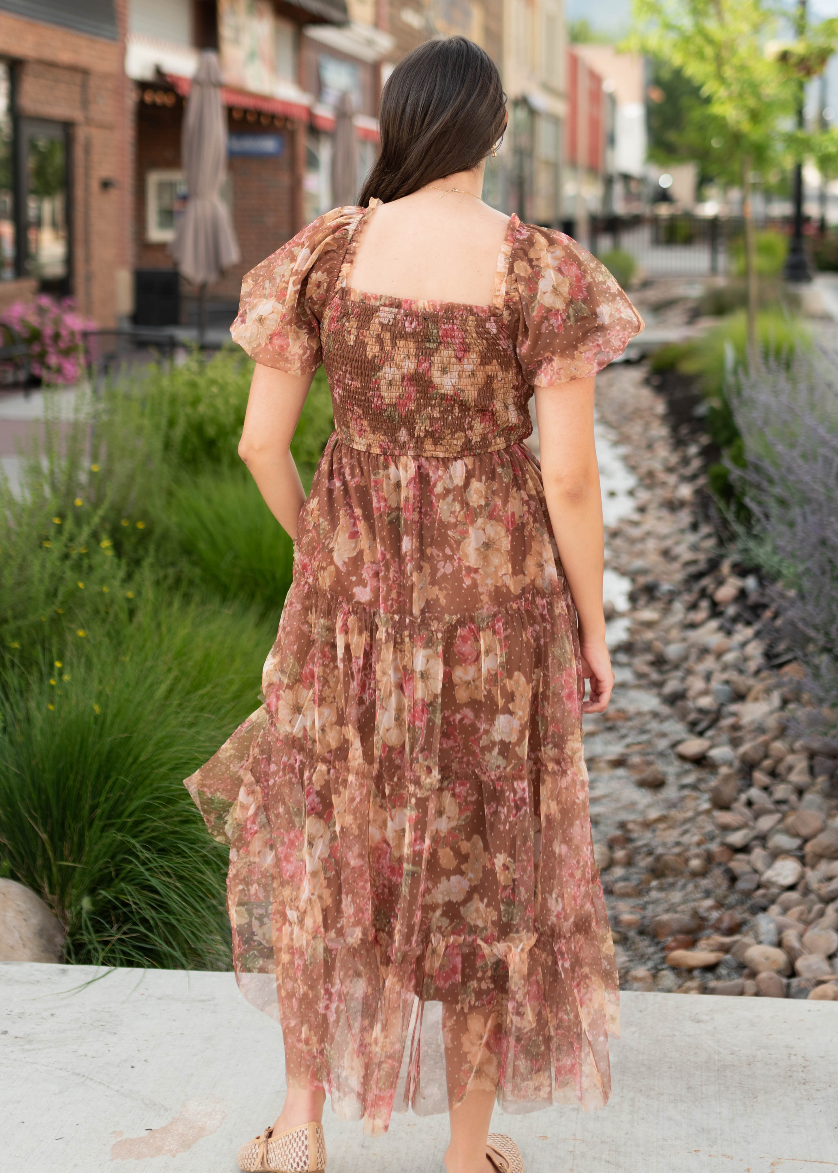 Justine Brown Floral Tulle Puff Sleeve Dress