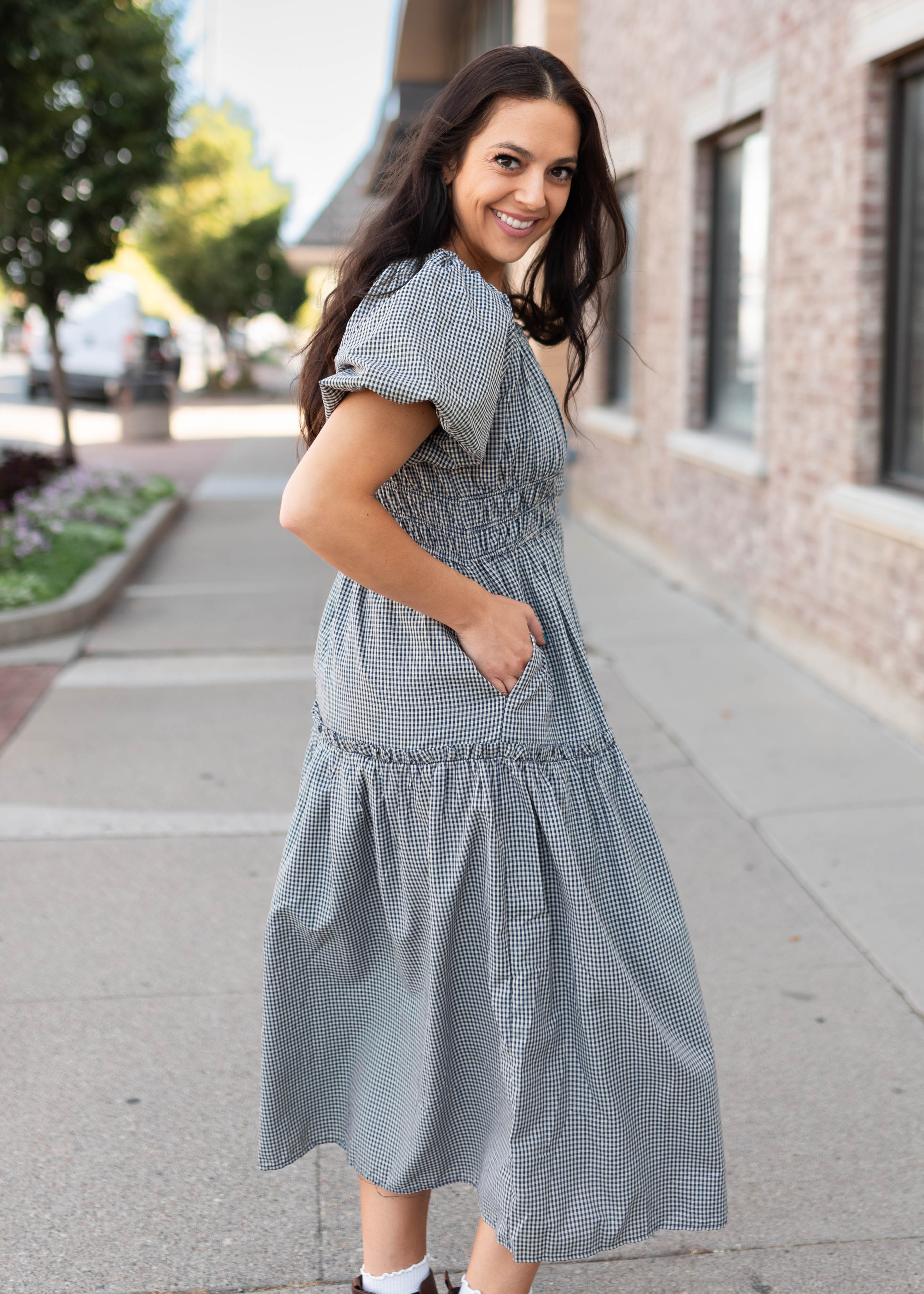 Karla Navy & White Gingham Midi Dress