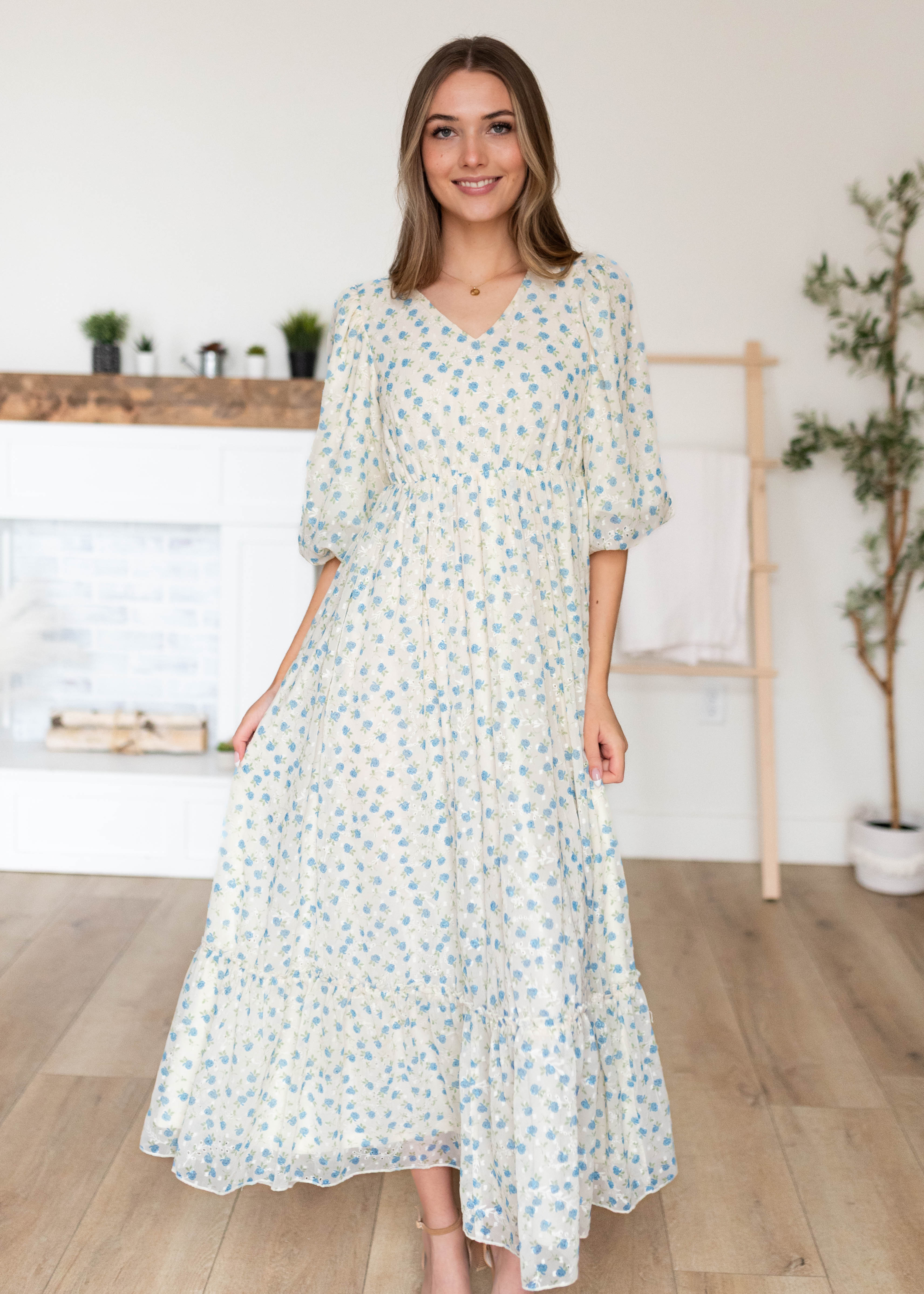 Kaitlyn Ivory Blue Floral Dress