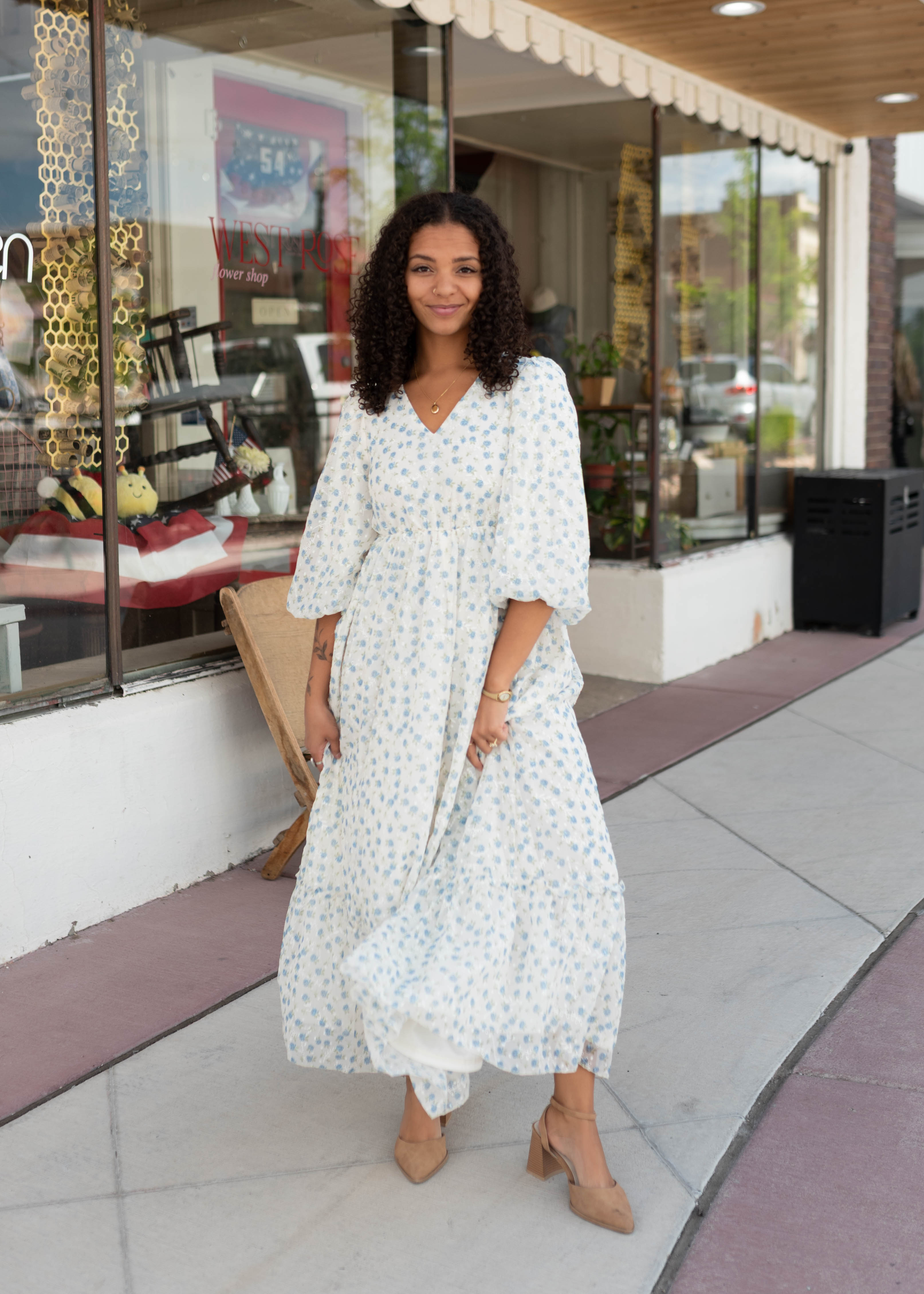 Kaitlyn Ivory Blue Floral Dress