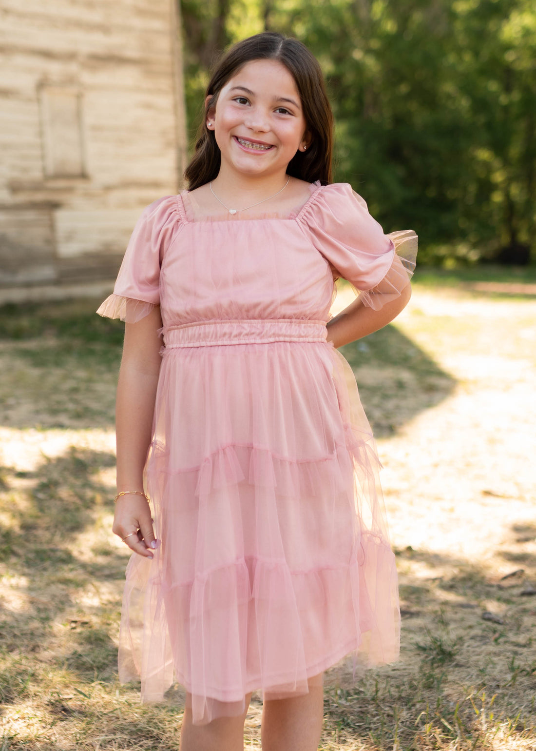 Kamryn Pink Mesh Tiered Little Girl Dress