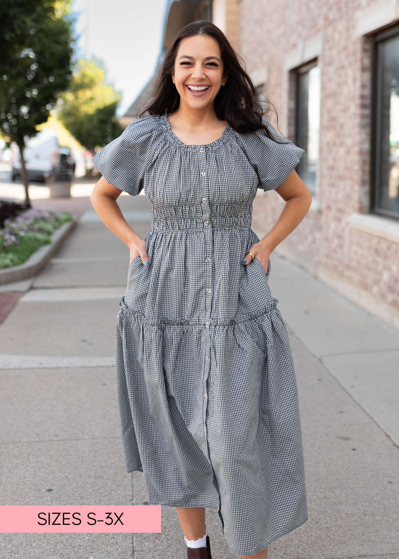 Karla Navy & White Gingham Midi Dress