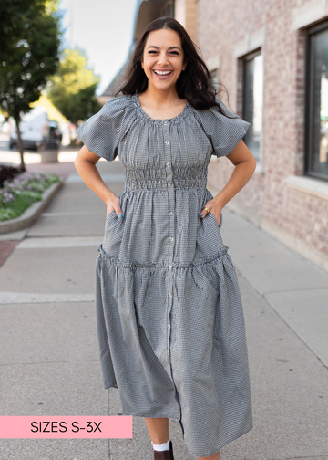 Karla Navy & White Gingham Midi Dress