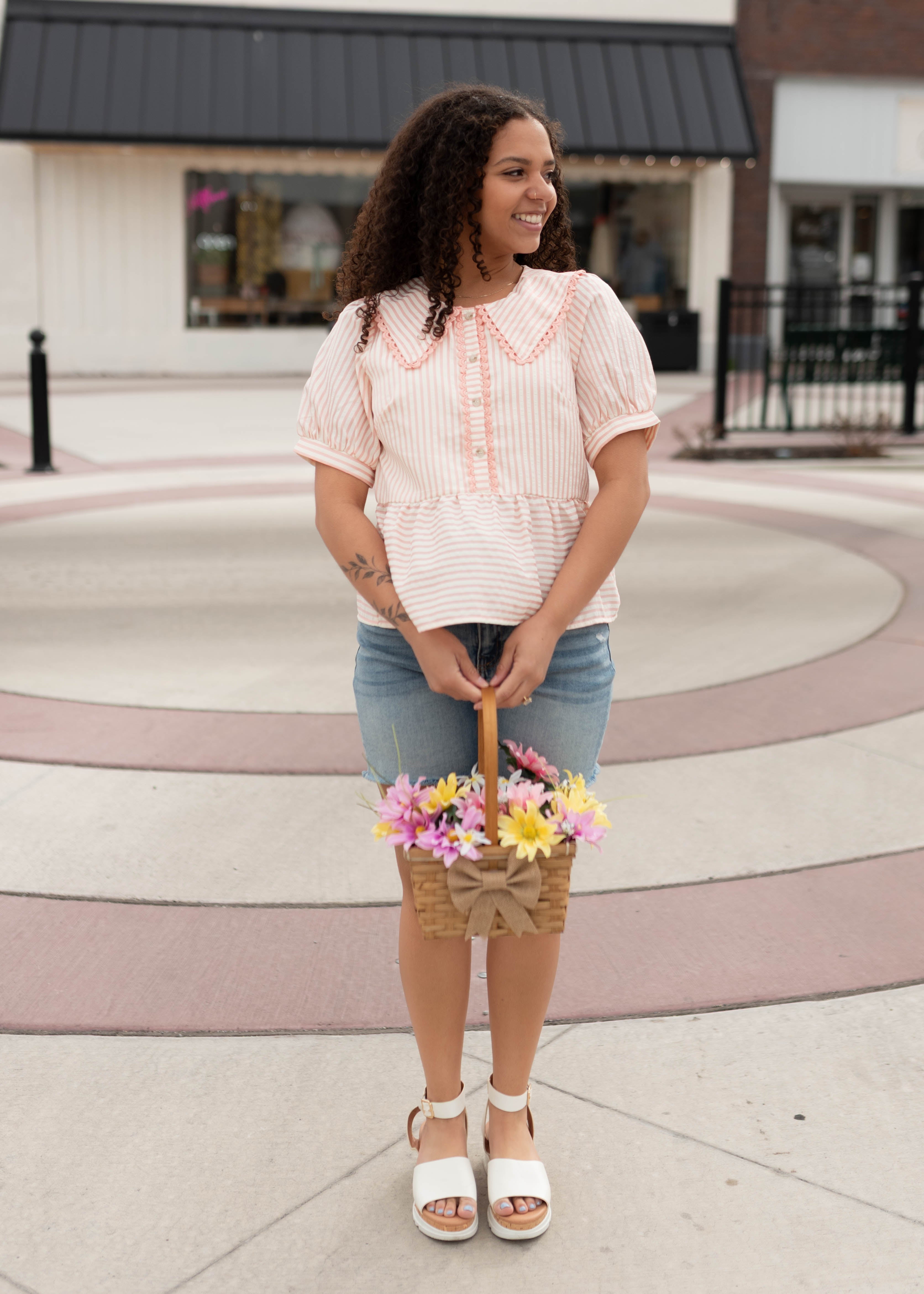 Kendra Pink Striped Collared Top