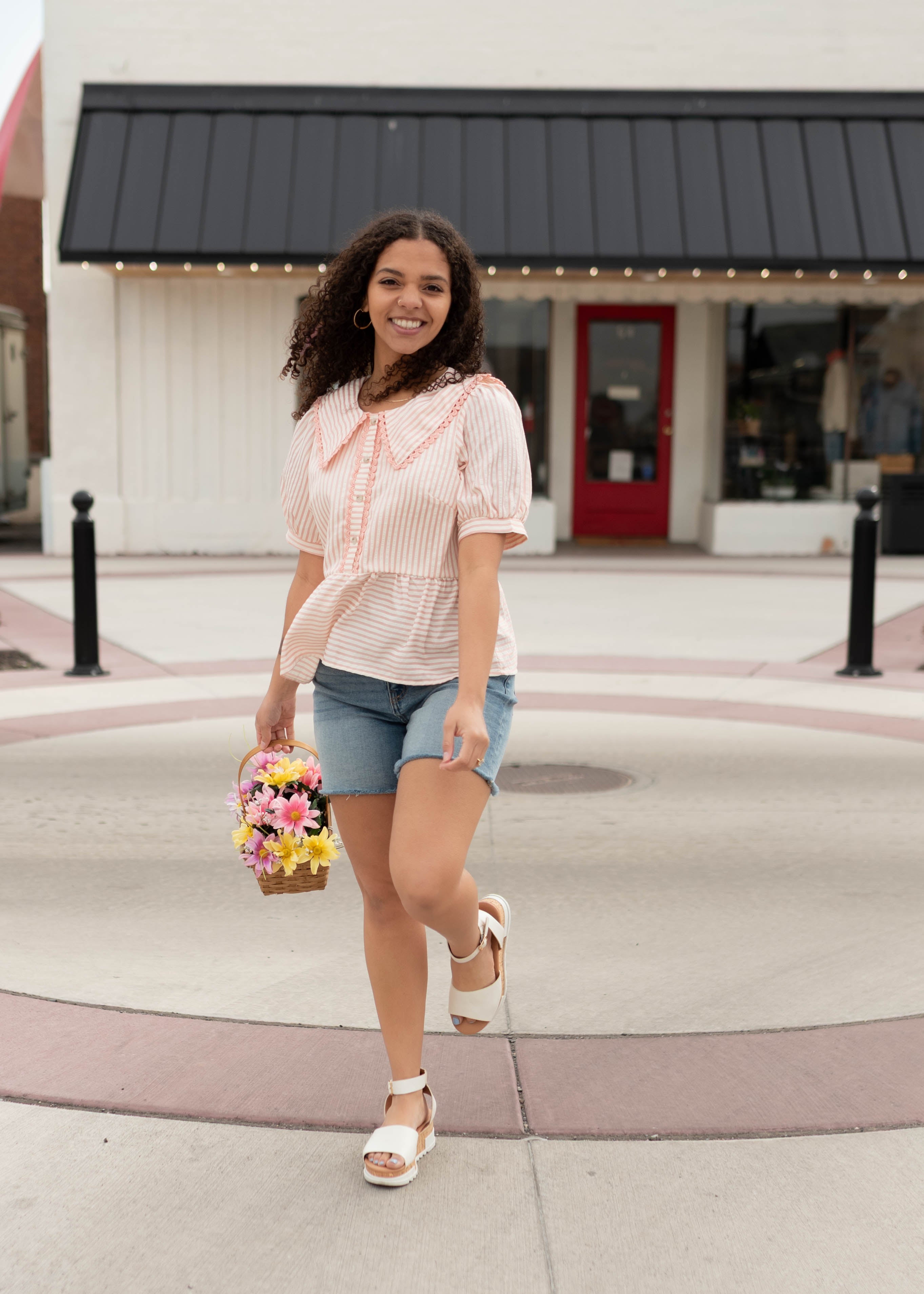 Kendra Pink Striped Collared Top