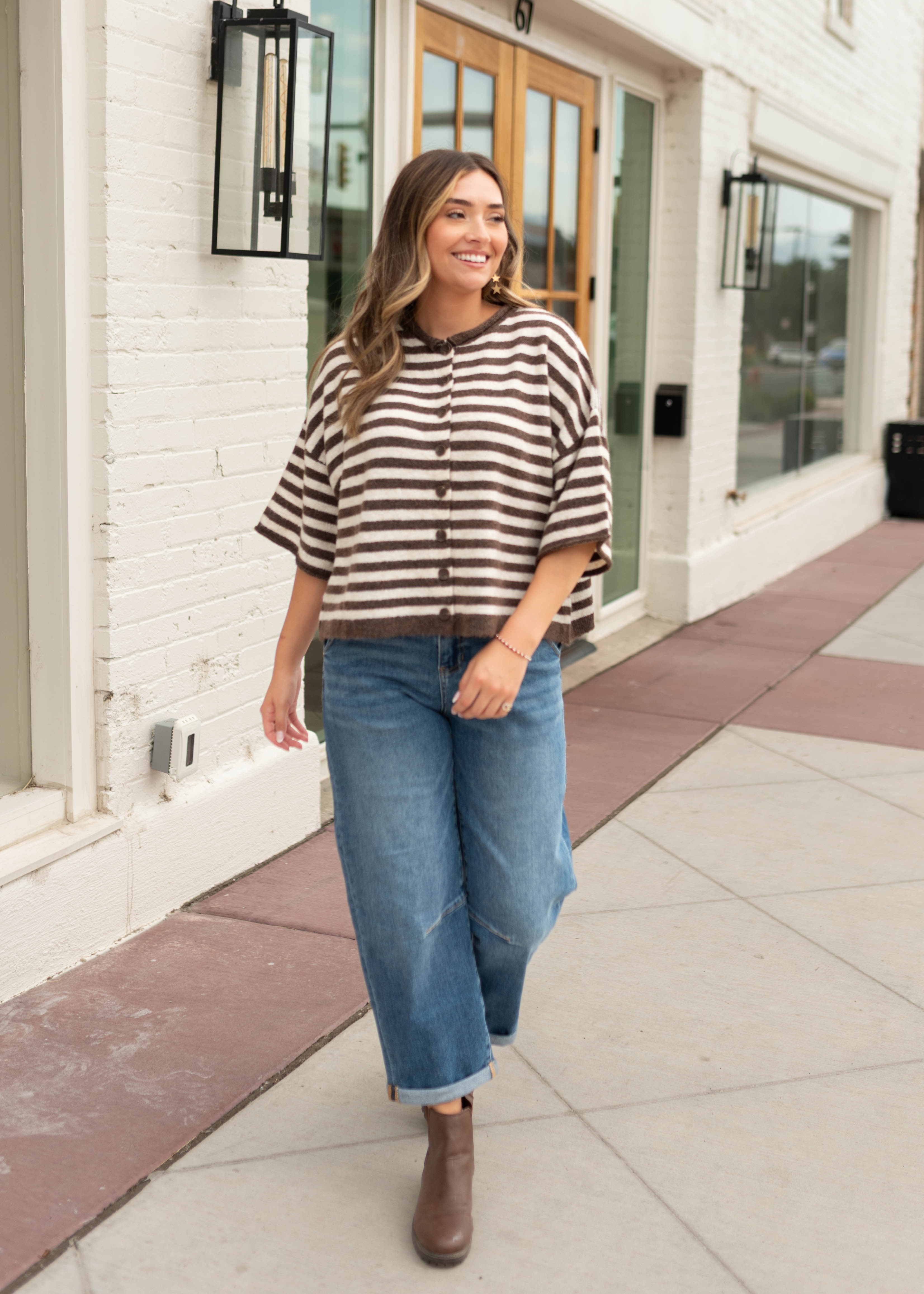 Kourtney Dark Brown & White Boxy Short Sleeve Cardigan