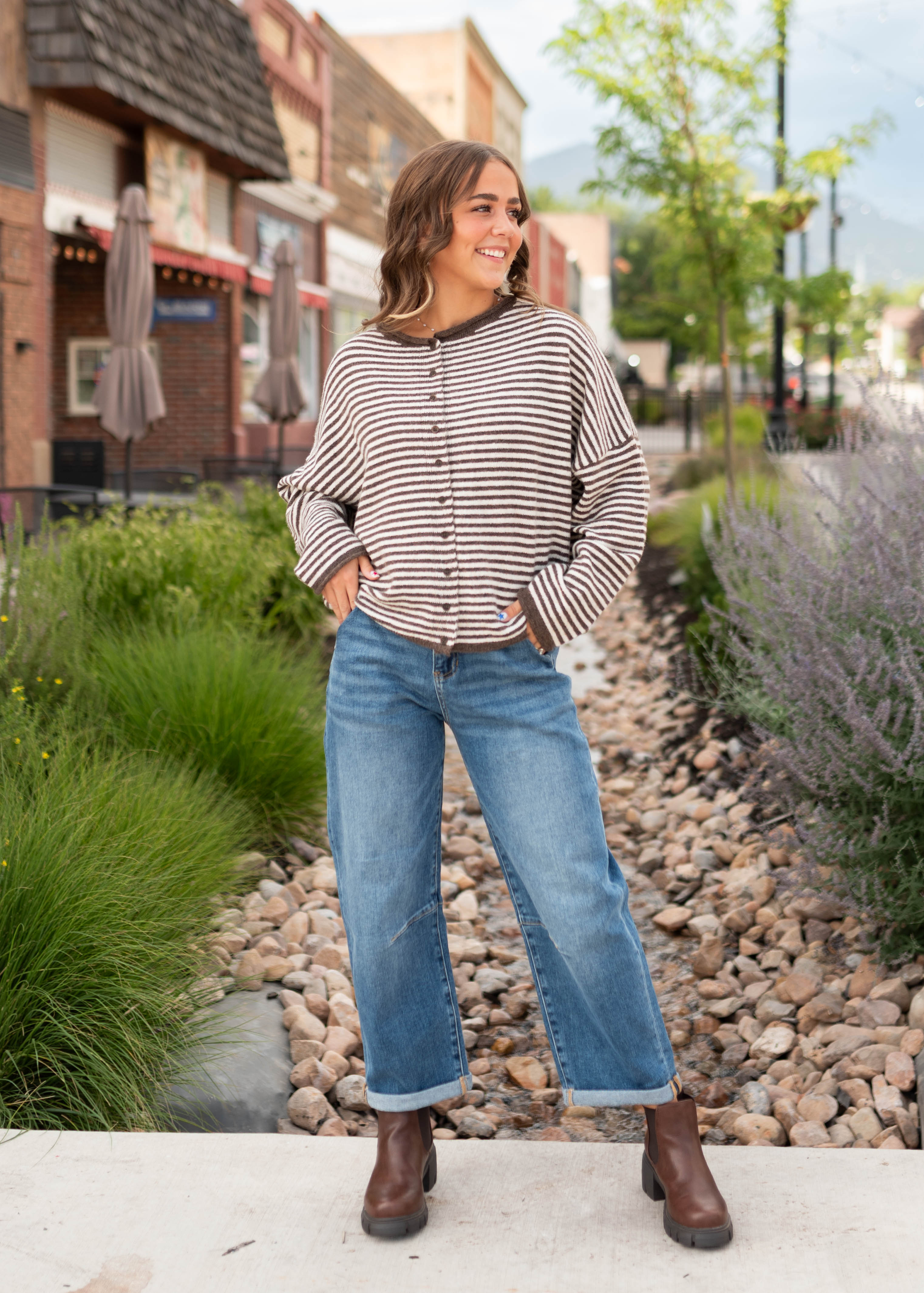 Lanee Dark Brown & White Striped Cardigan