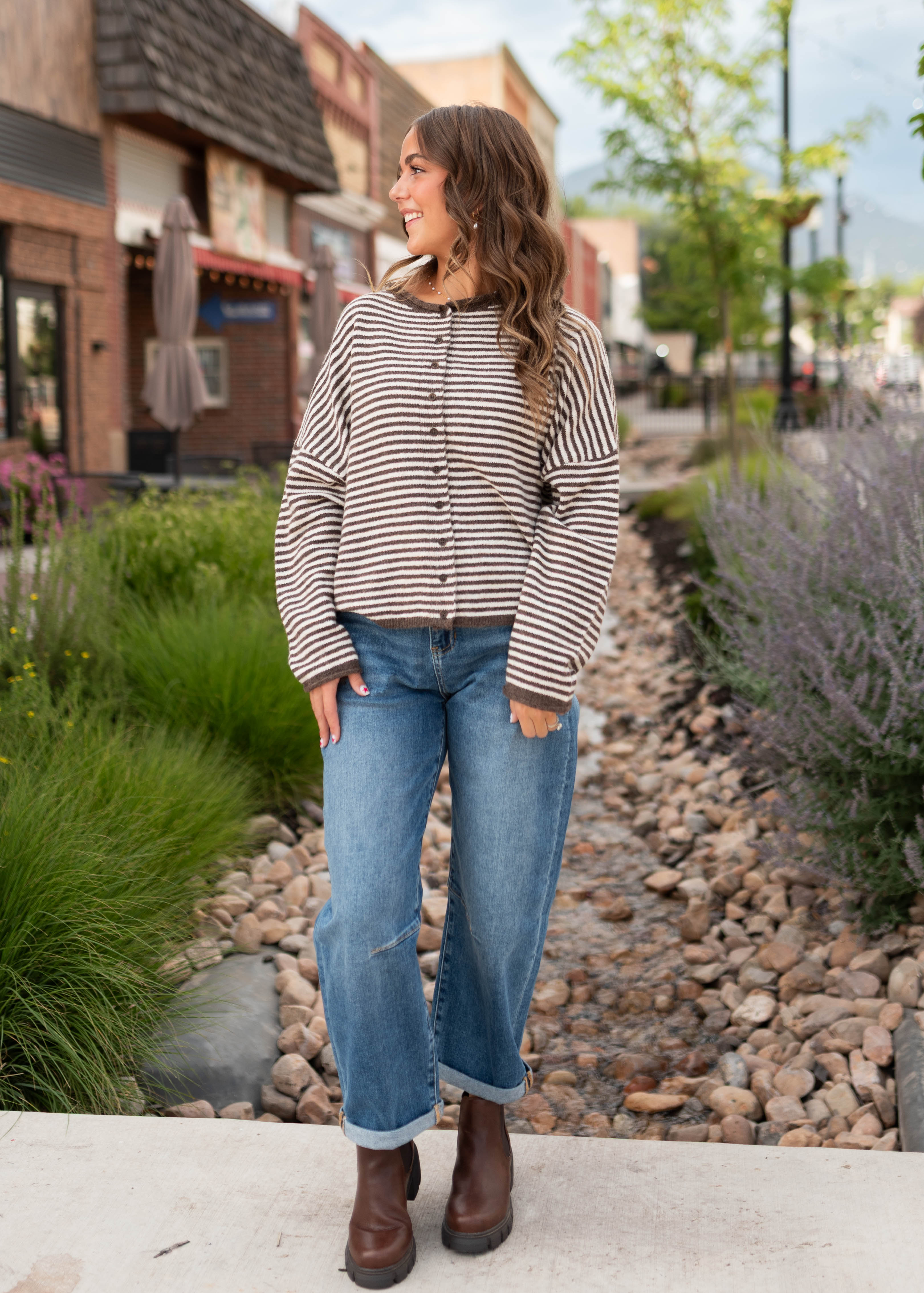 Lanee Dark Brown & White Striped Cardigan