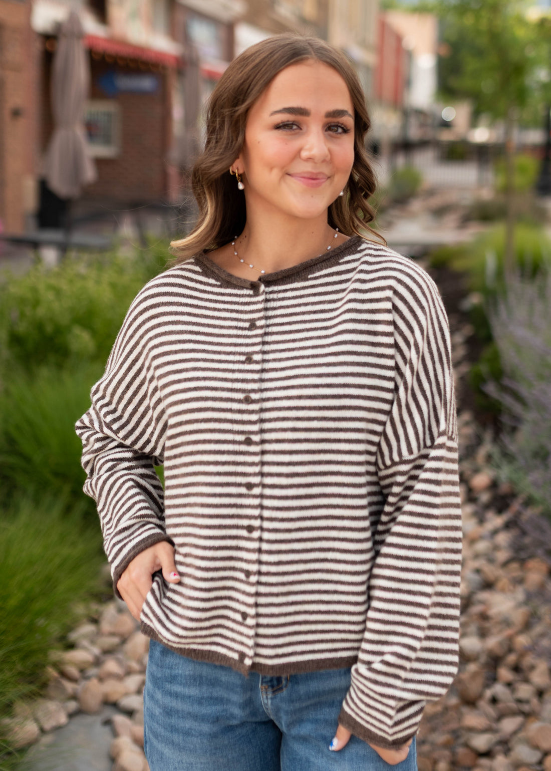 Lanee Dark Brown & White Striped Cardigan