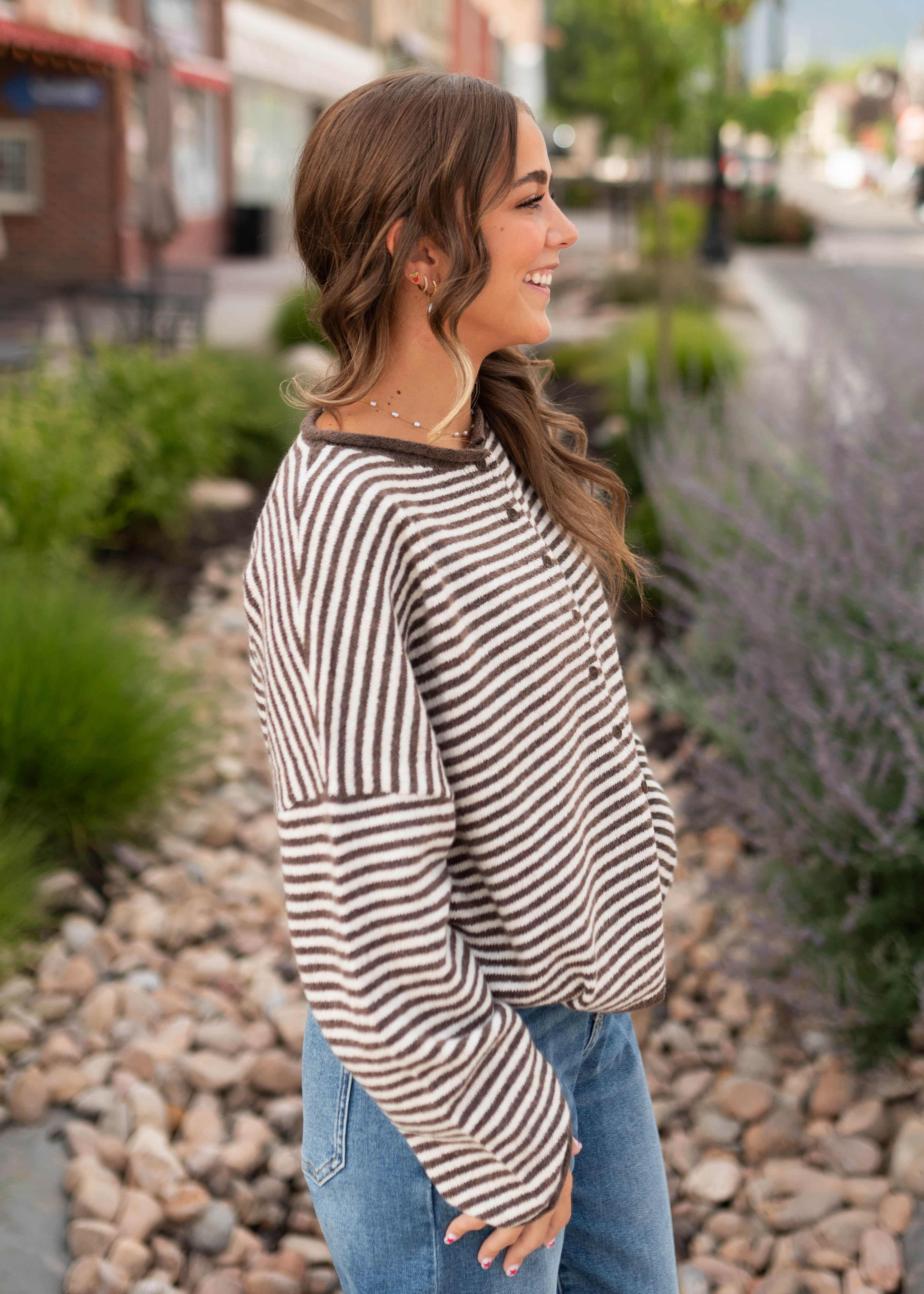 Lanee Dark Brown & White Striped Cardigan