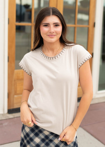 Lauren Beige Detailed Trim Tee