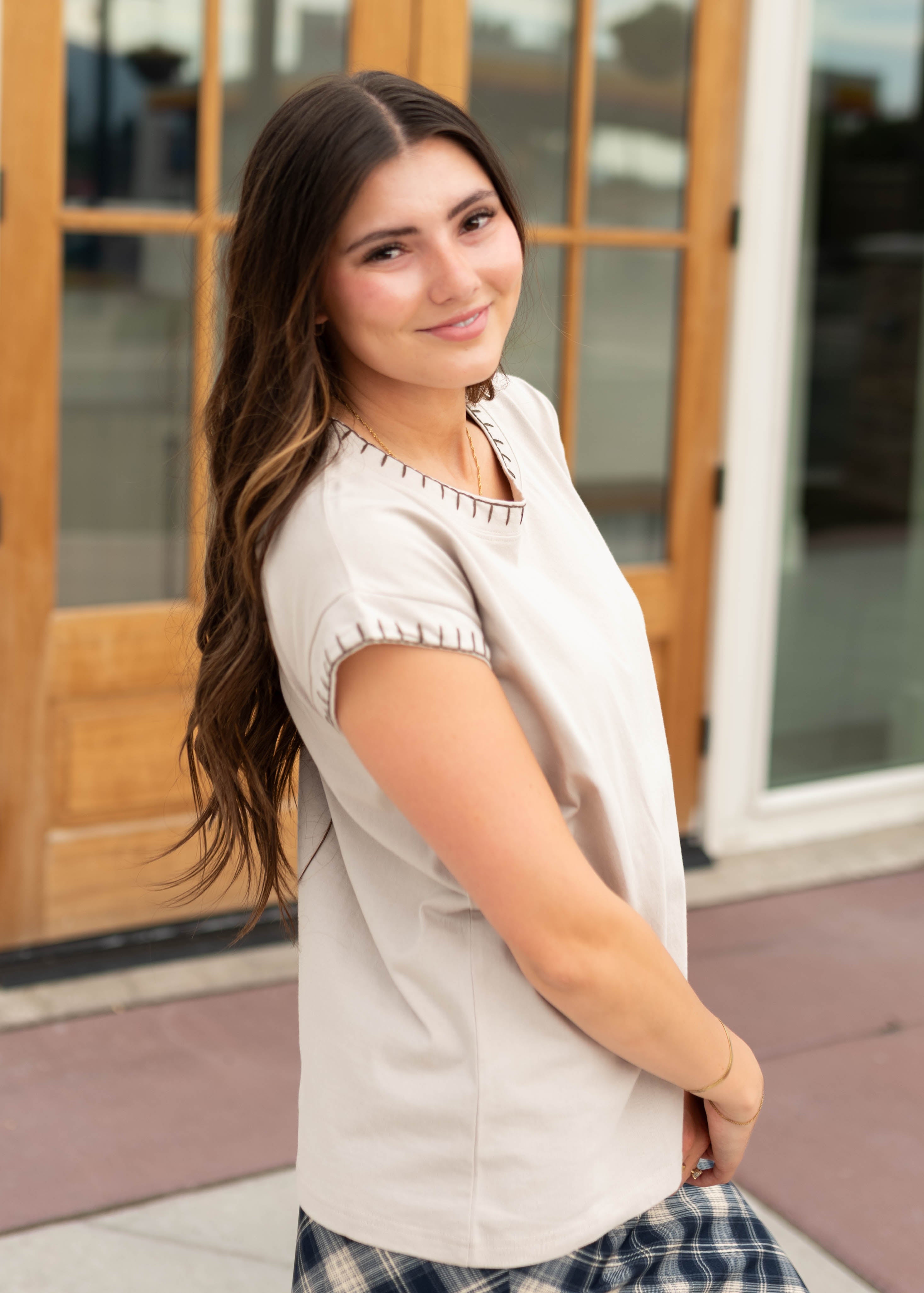 Lauren Beige Detailed Trim Tee