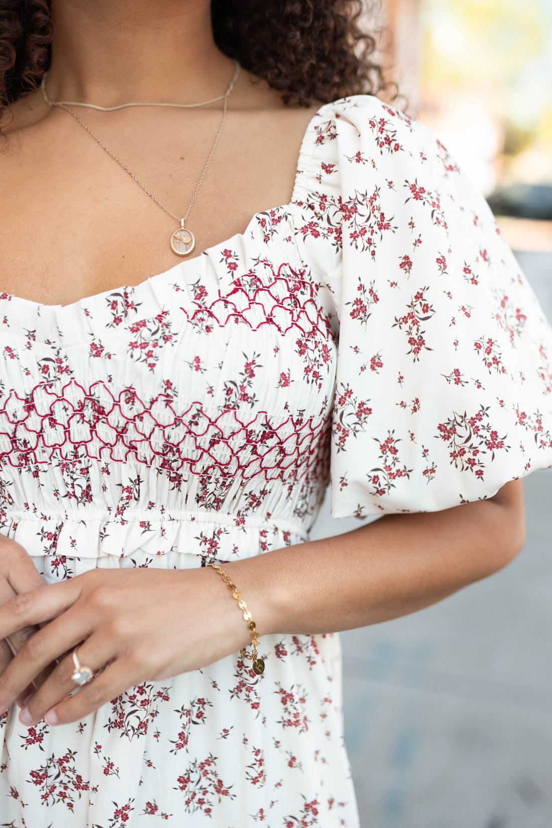Lauren Beige Floral Smocked Dress