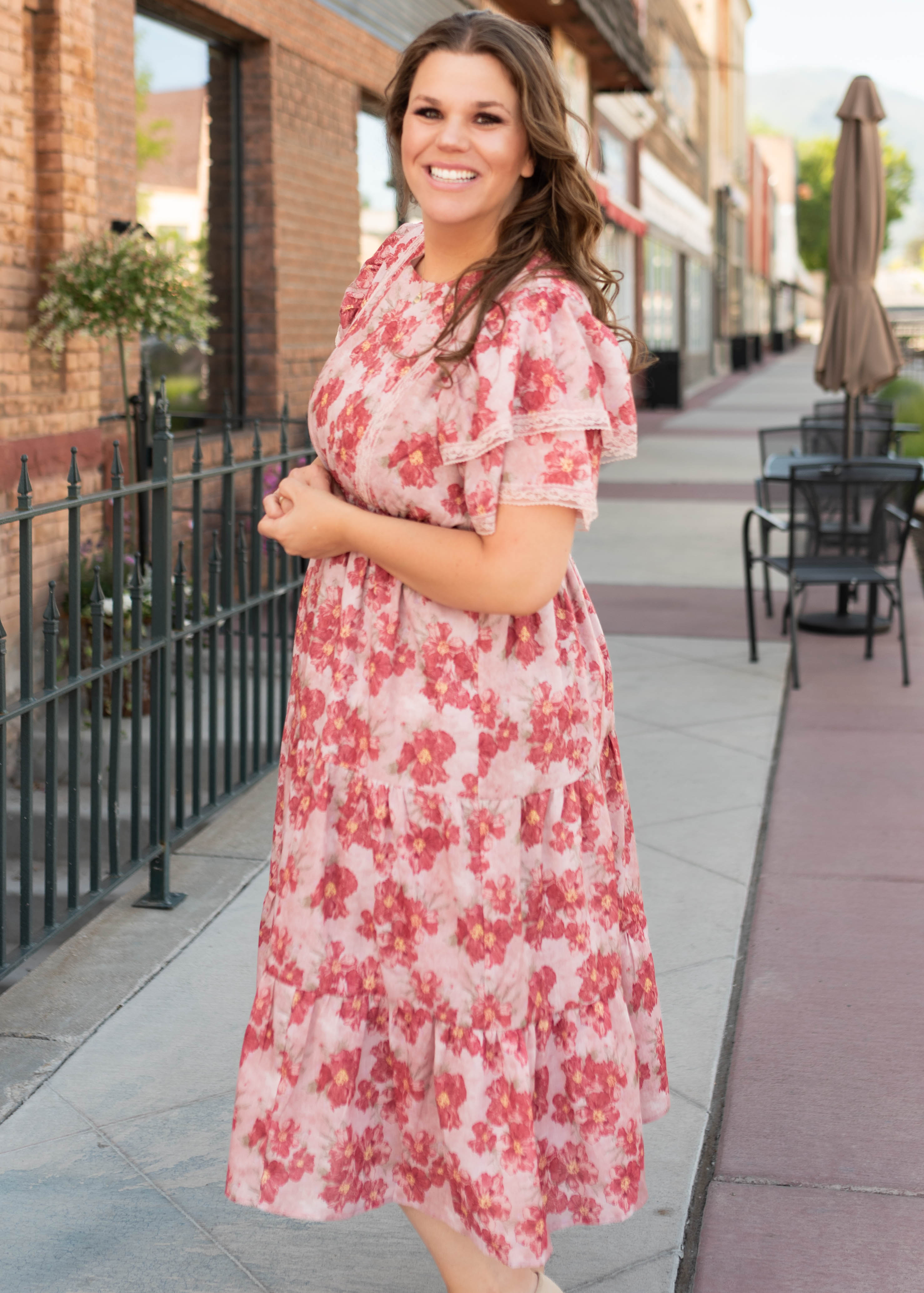 Lena & Lou Annette Dusty Pink Floral Tiered Dress