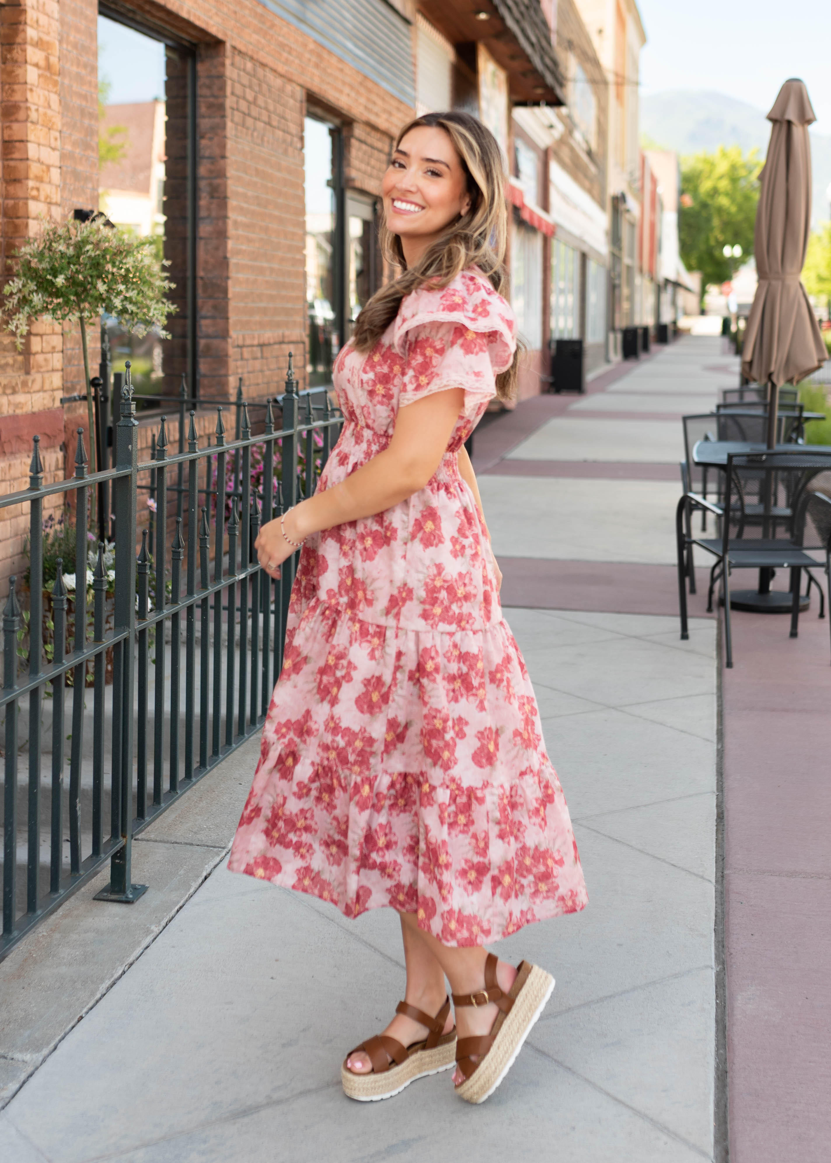 Lena & Lou Annette Dusty Pink Floral Tiered Dress