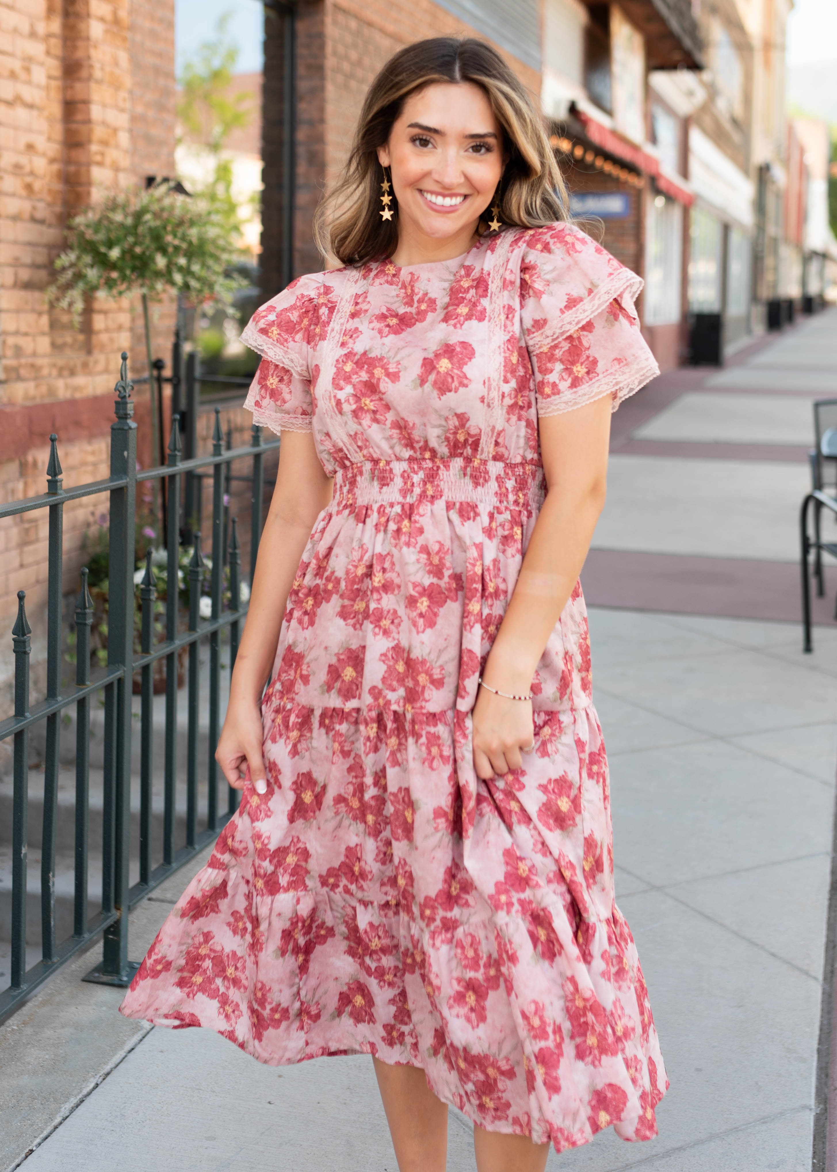 Lena & Lou Annette Dusty Pink Floral Tiered Dress