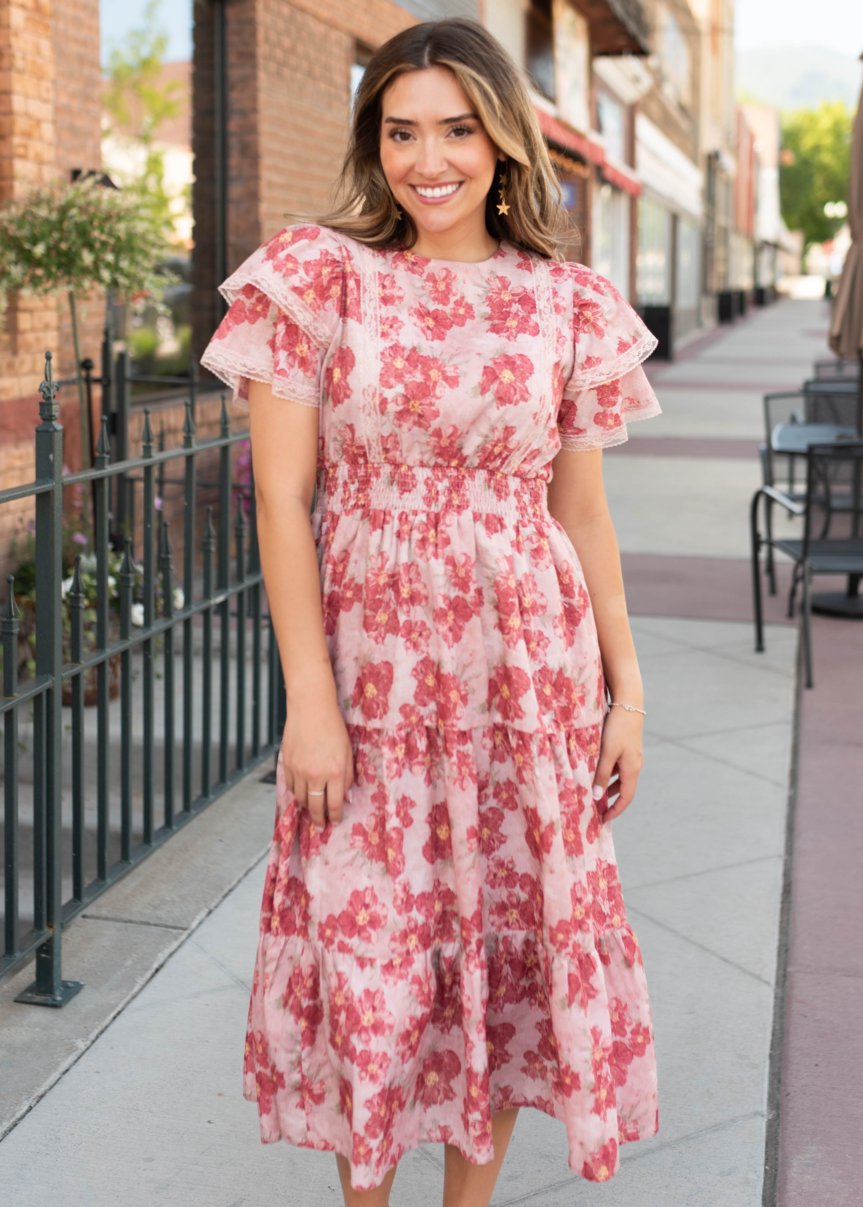 Lena & Lou Annette Dusty Pink Floral Tiered Dress