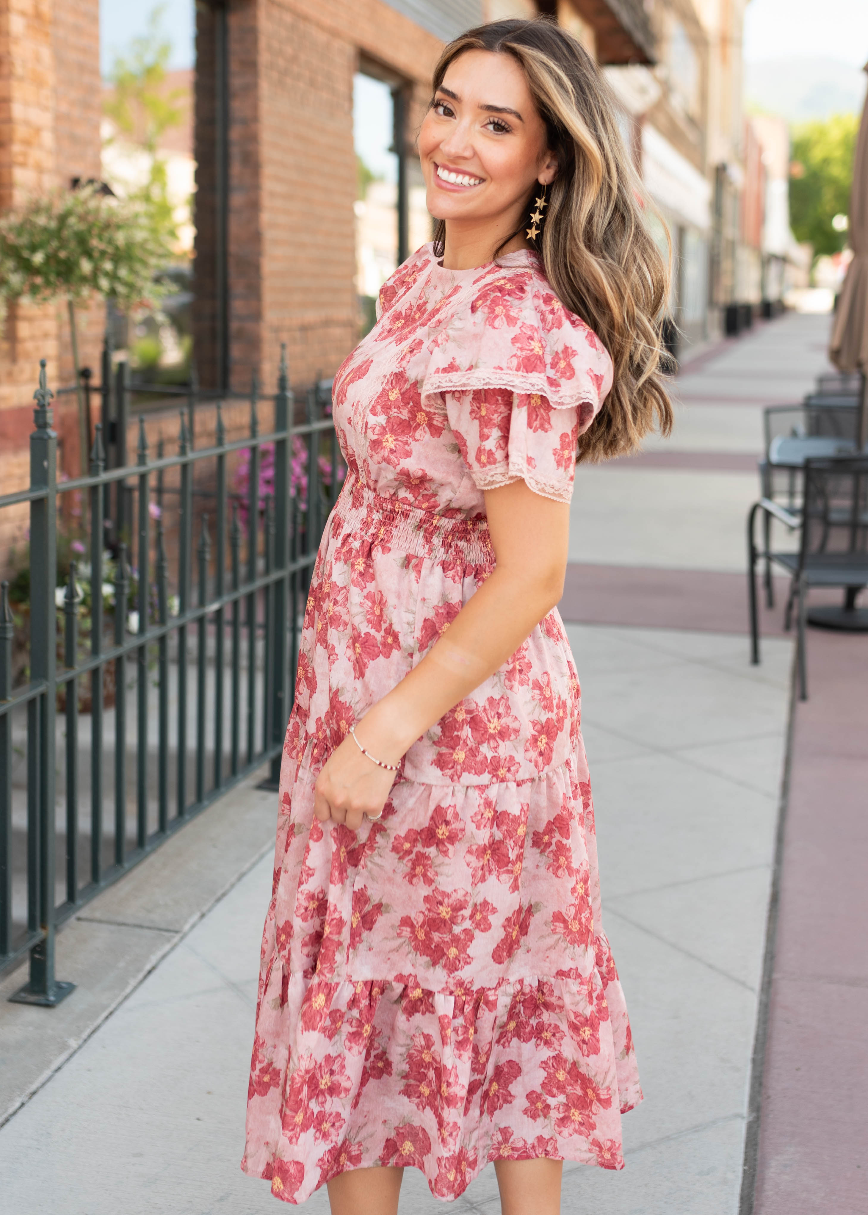 Lena & Lou Annette Dusty Pink Floral Tiered Dress