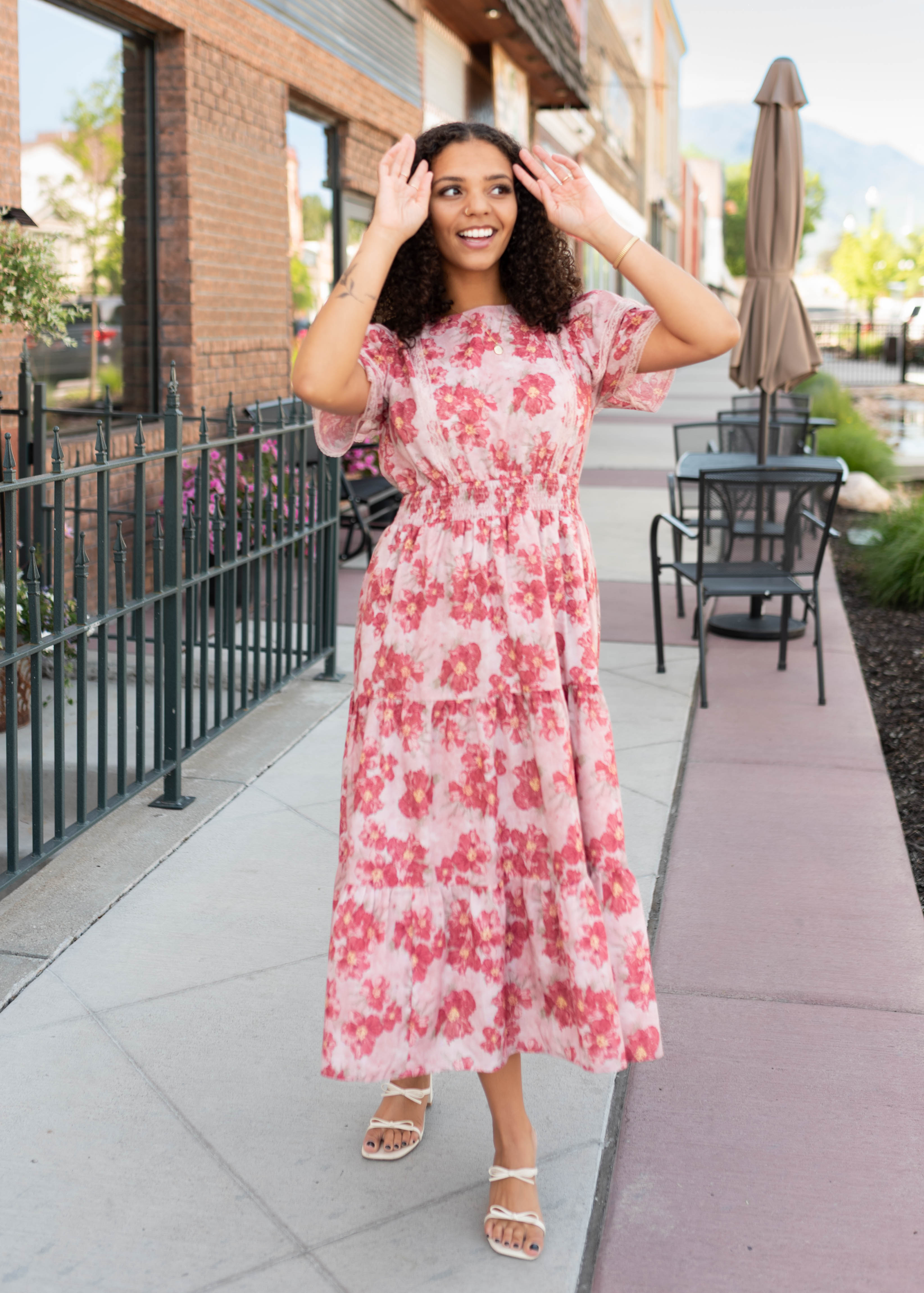 Lena & Lou Annette Dusty Pink Floral Tiered Dress