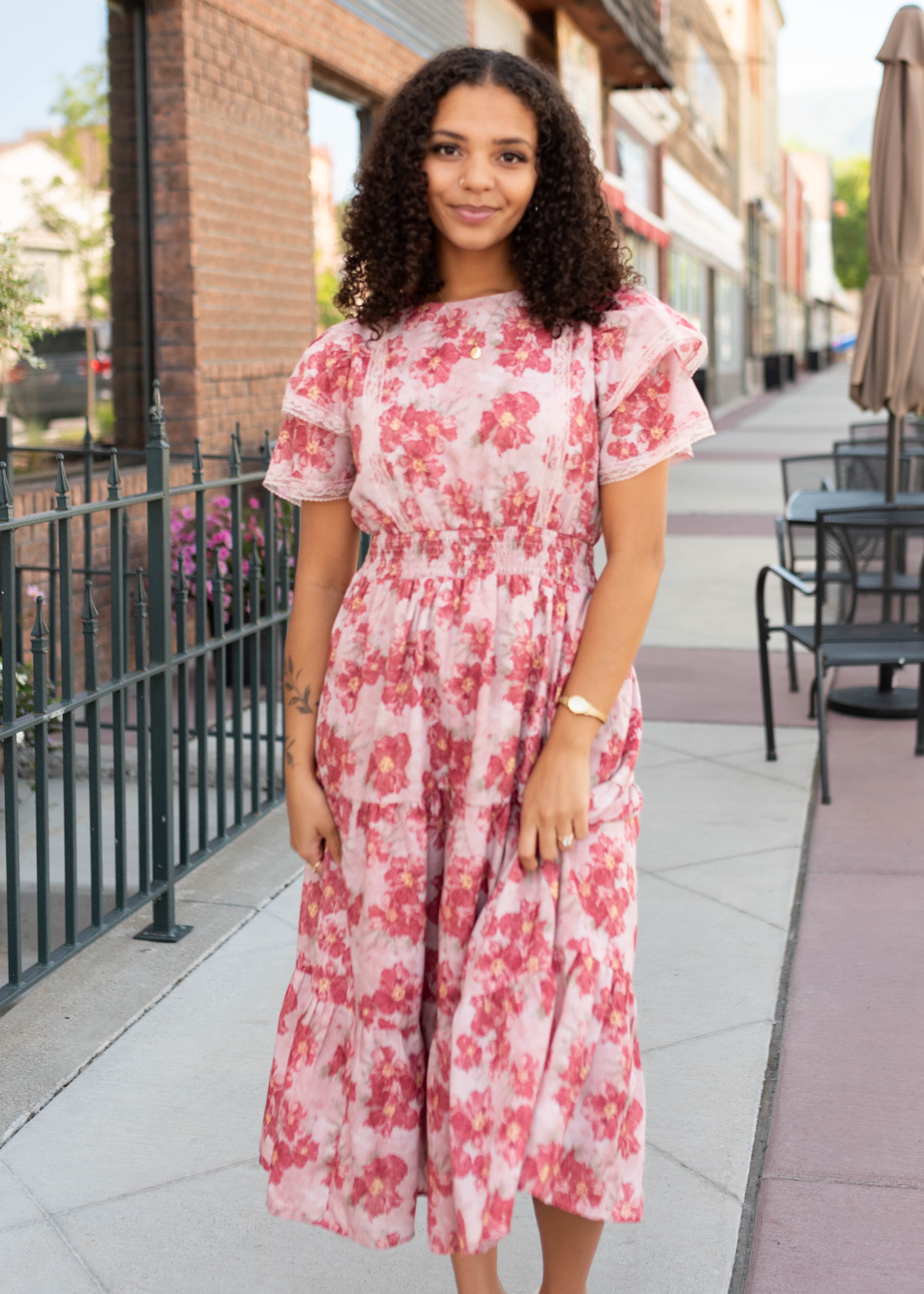 Lena & Lou Annette Dusty Pink Floral Tiered Dress