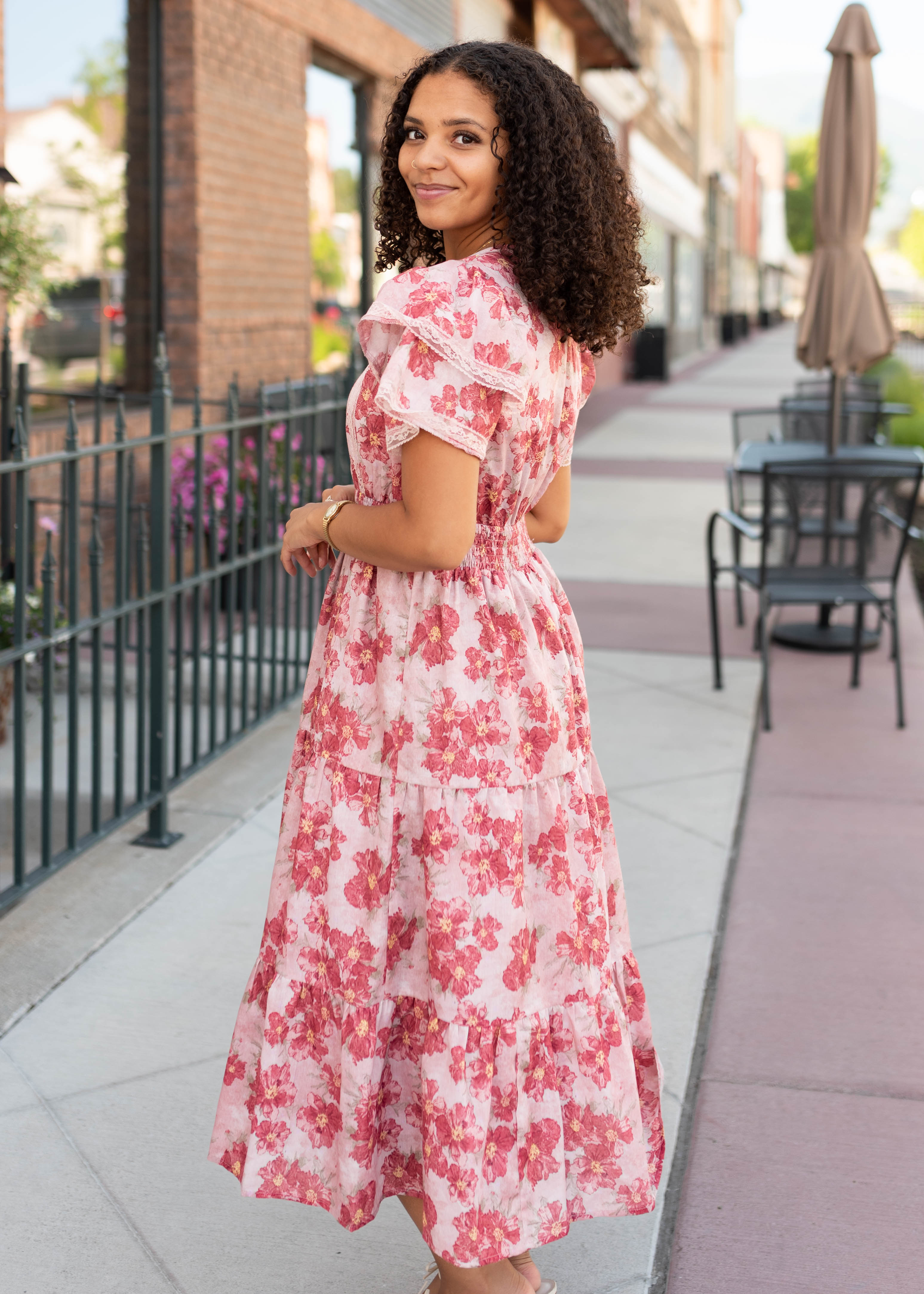 Lena & Lou Annette Dusty Pink Floral Tiered Dress