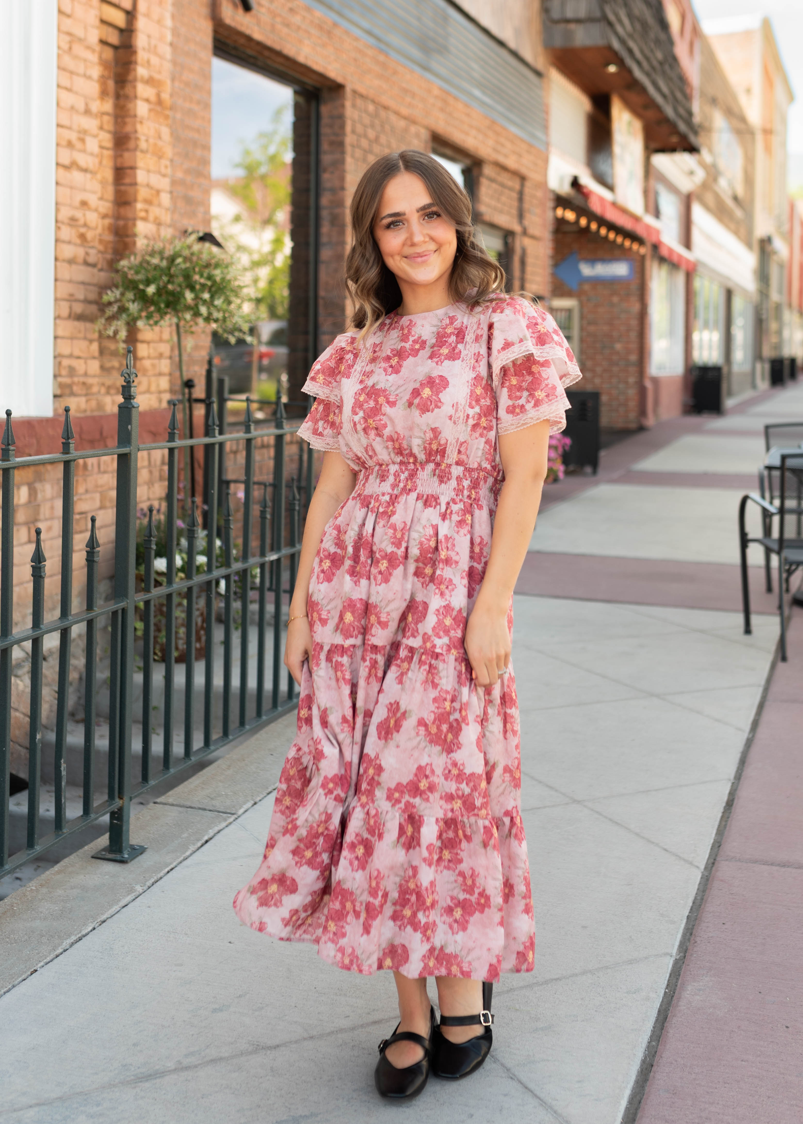 Lena & Lou Annette Dusty Pink Floral Tiered Dress