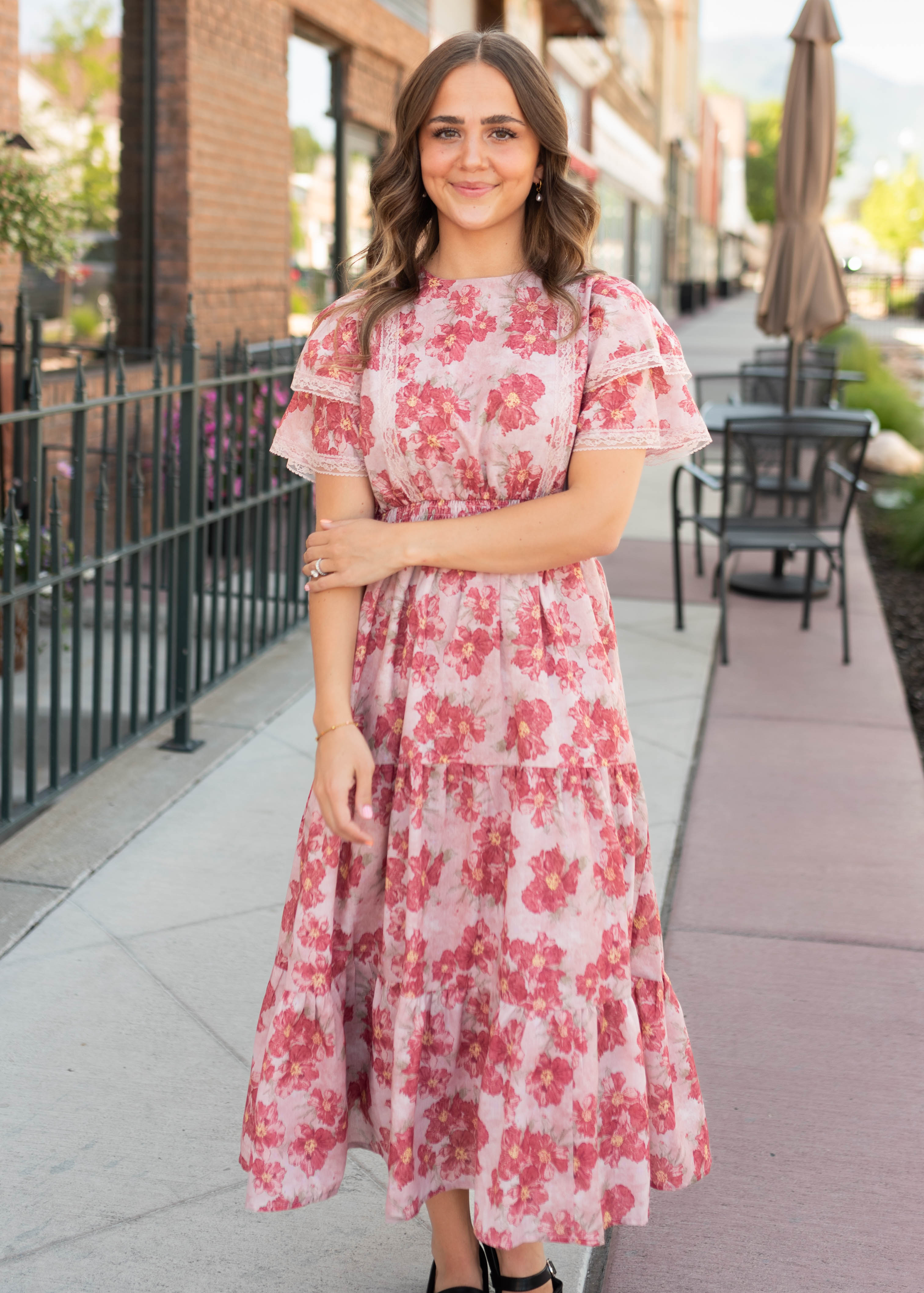 Lena & Lou Annette Dusty Pink Floral Tiered Dress