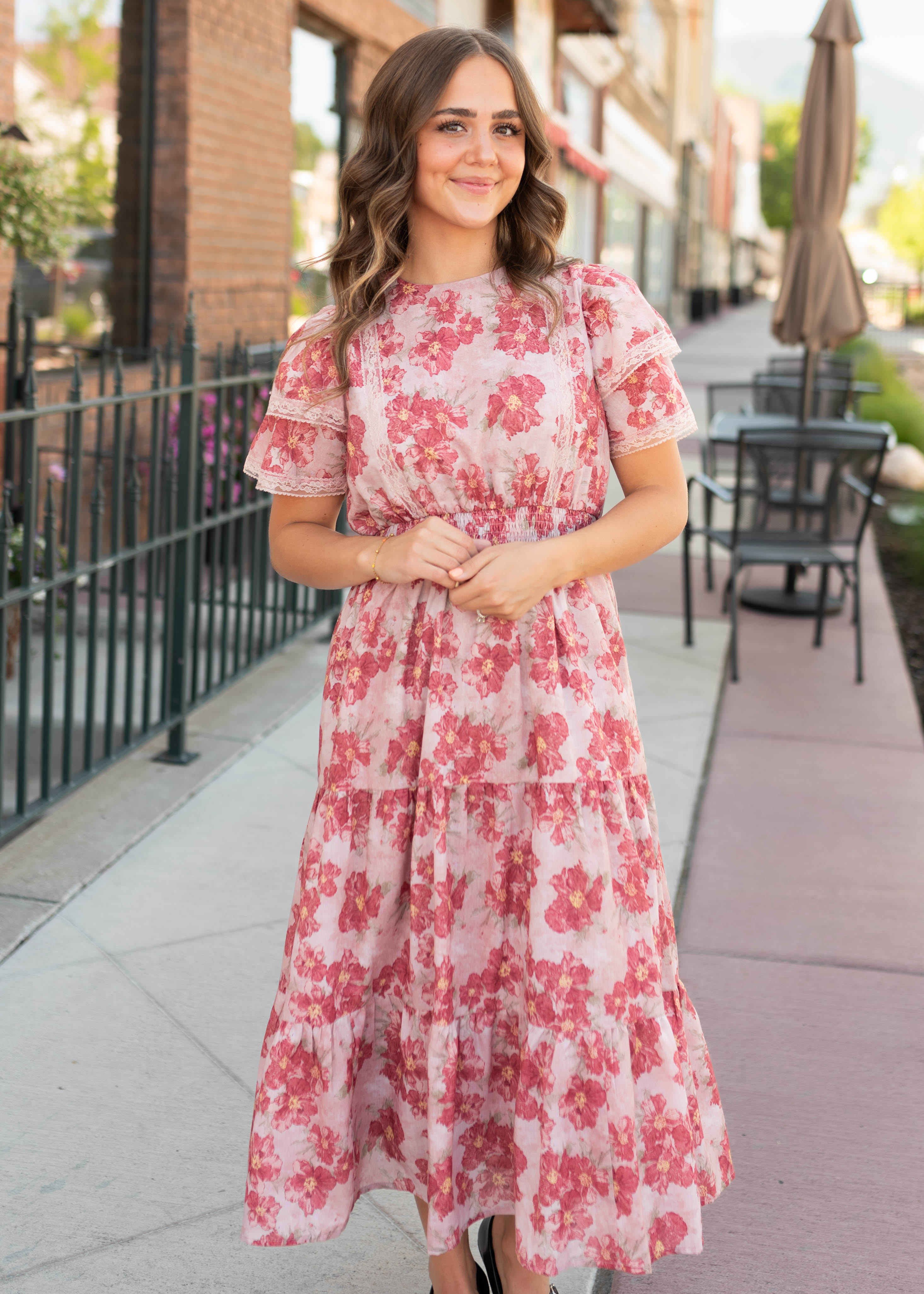 Lena & Lou Annette Dusty Pink Floral Tiered Dress