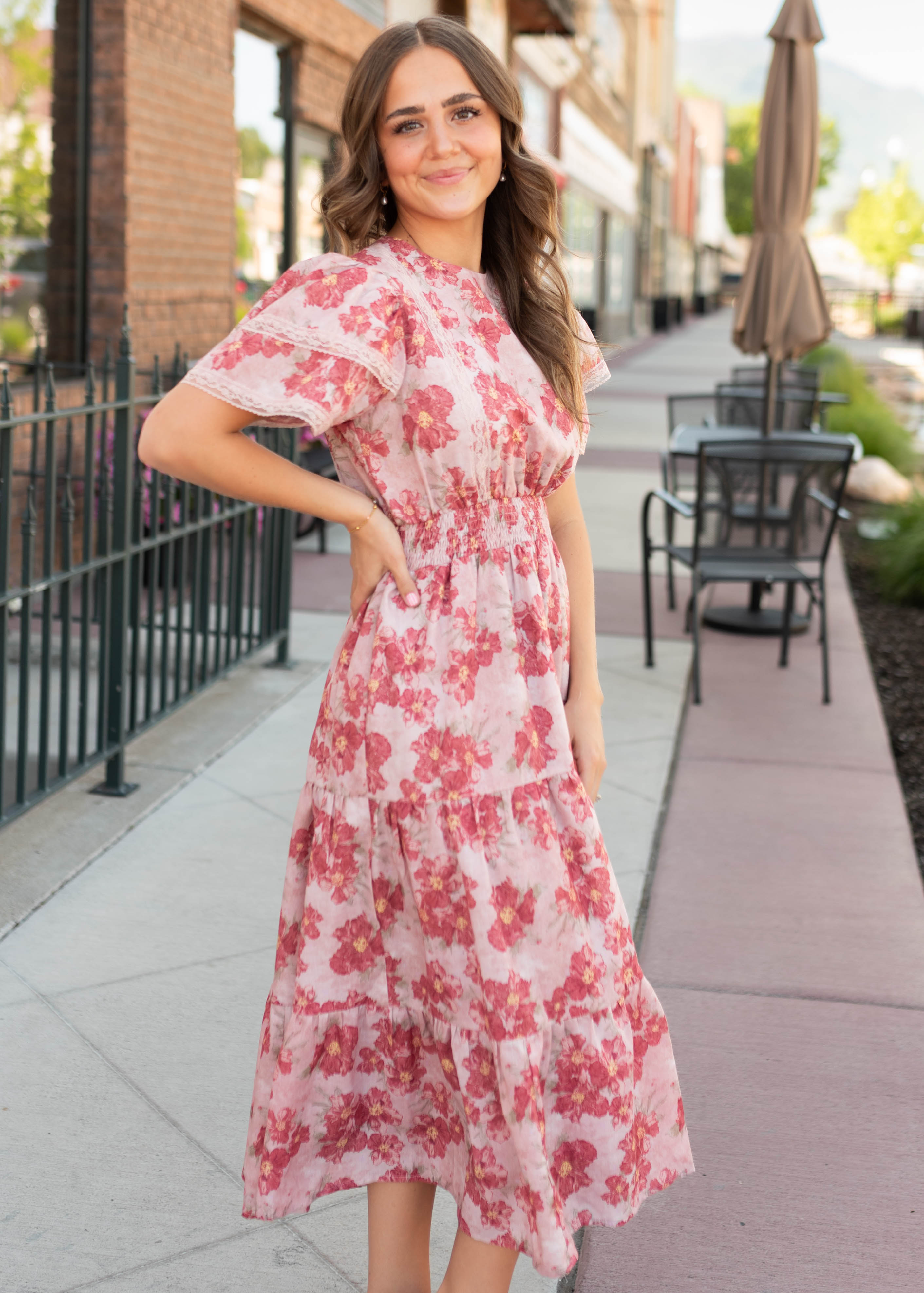 Lena & Lou Annette Dusty Pink Floral Tiered Dress