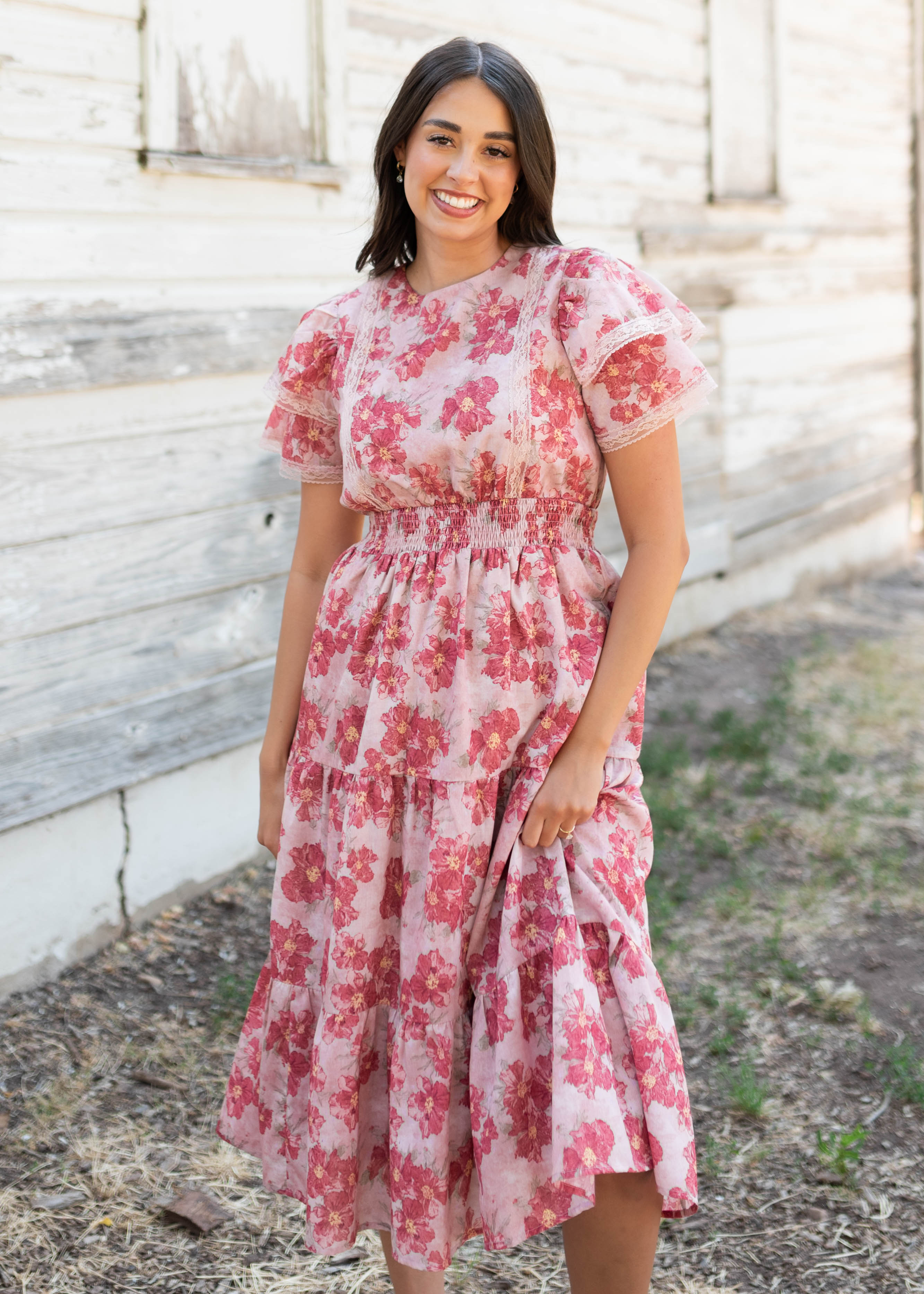 Lena & Lou Annette Dusty Pink Floral Tiered Dress