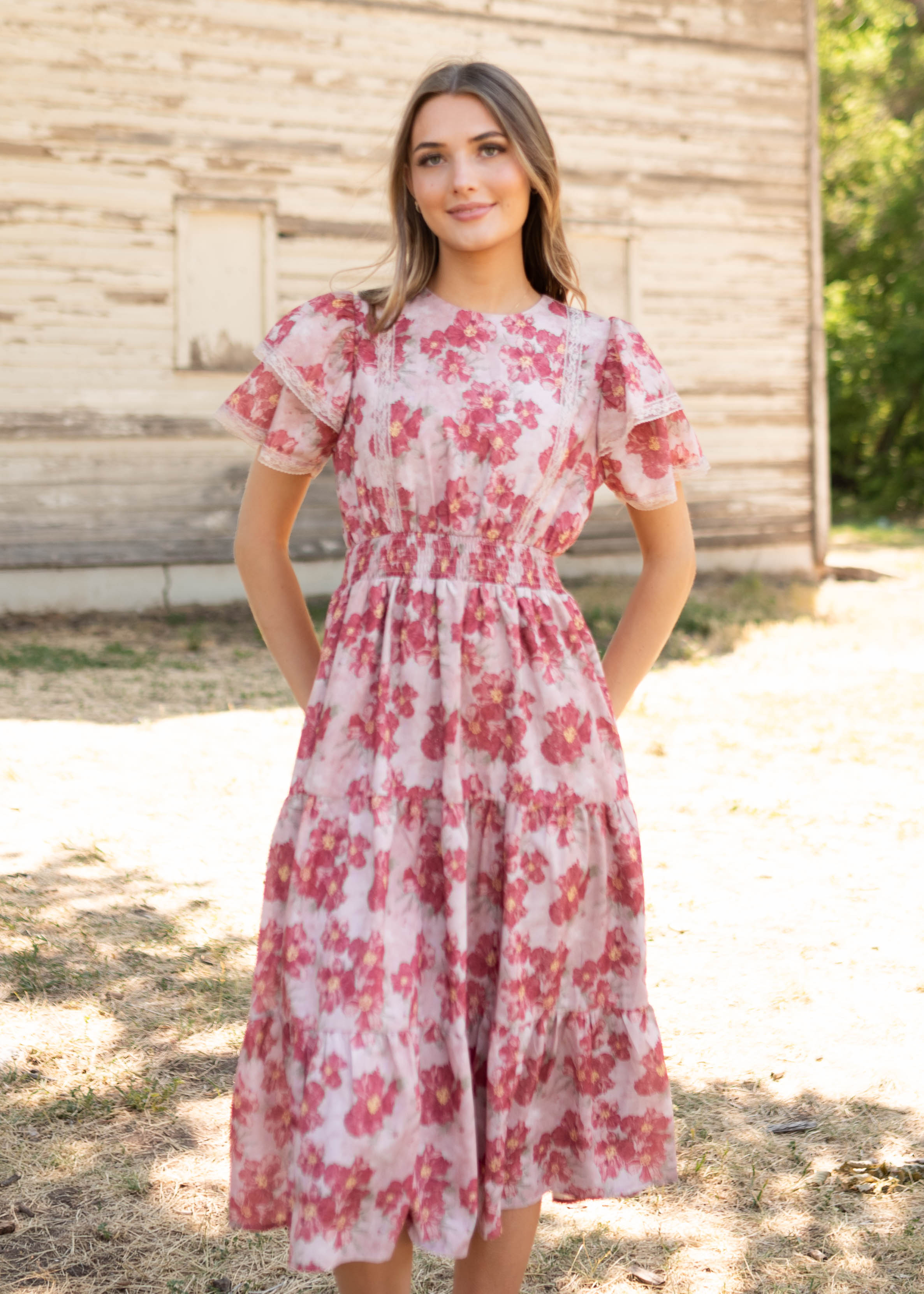 Lena & Lou Annette Dusty Pink Floral Tiered Dress