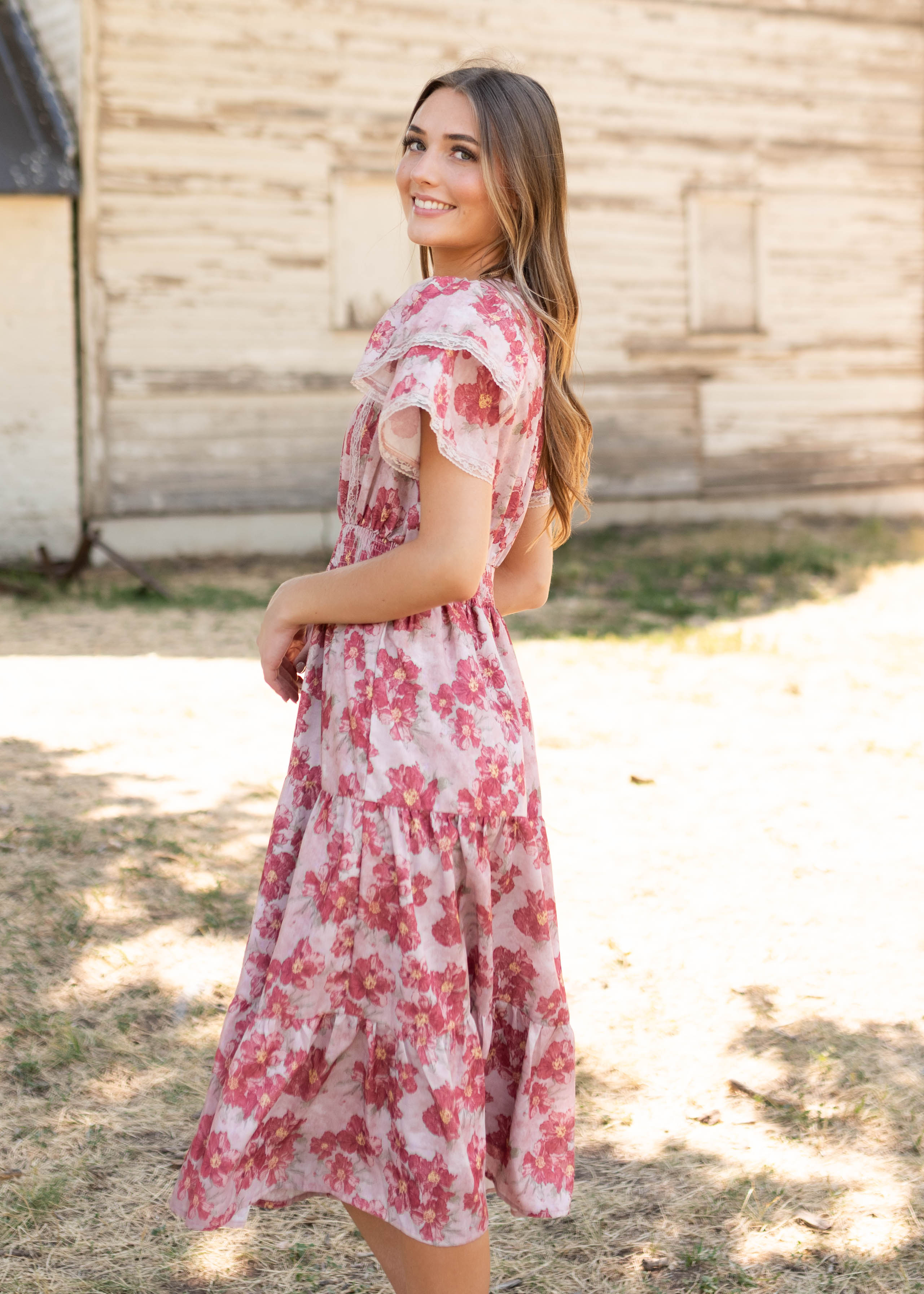 Lena & Lou Annette Dusty Pink Floral Tiered Dress