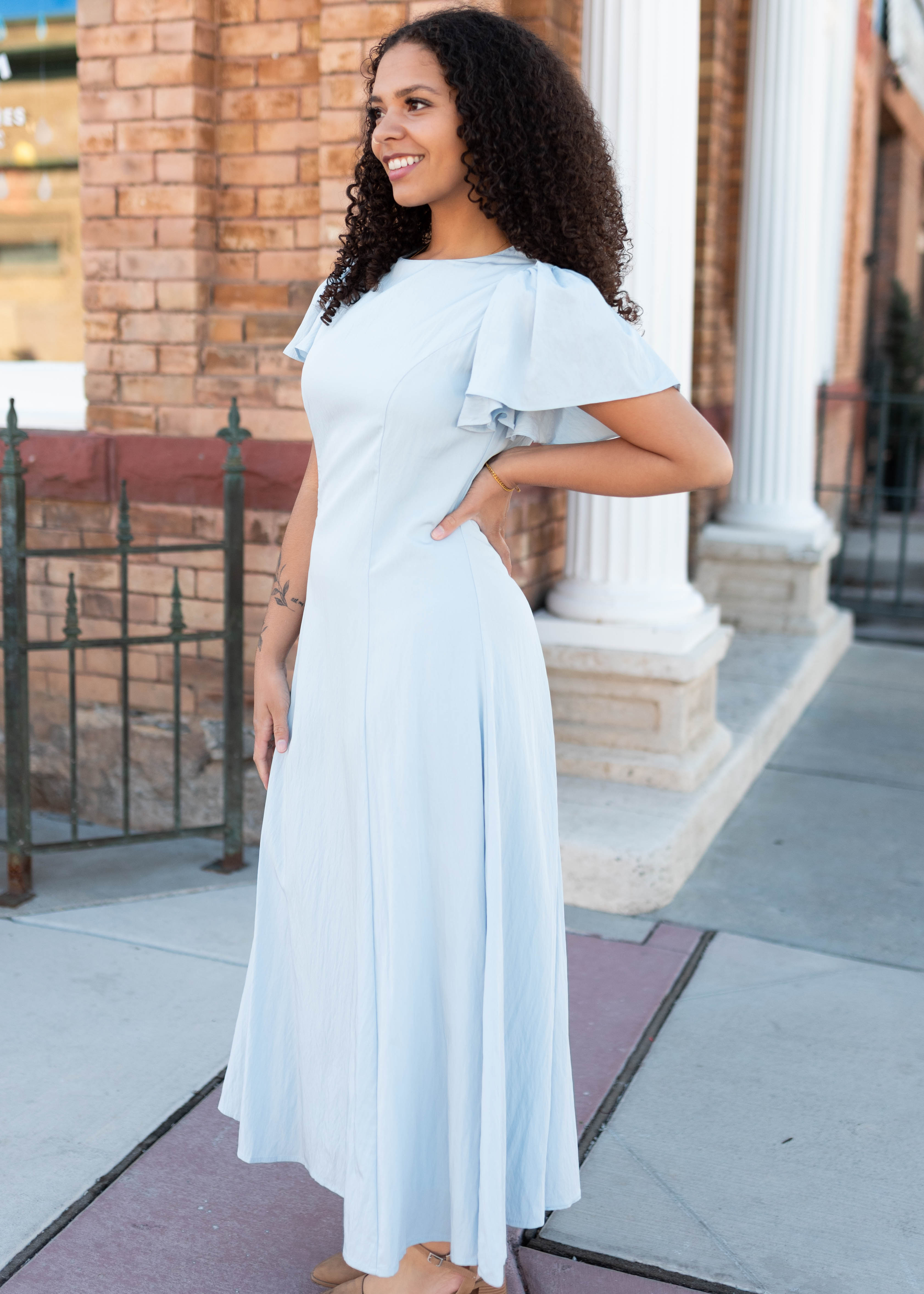 Lilah Blue Flutter Sleeve Dress