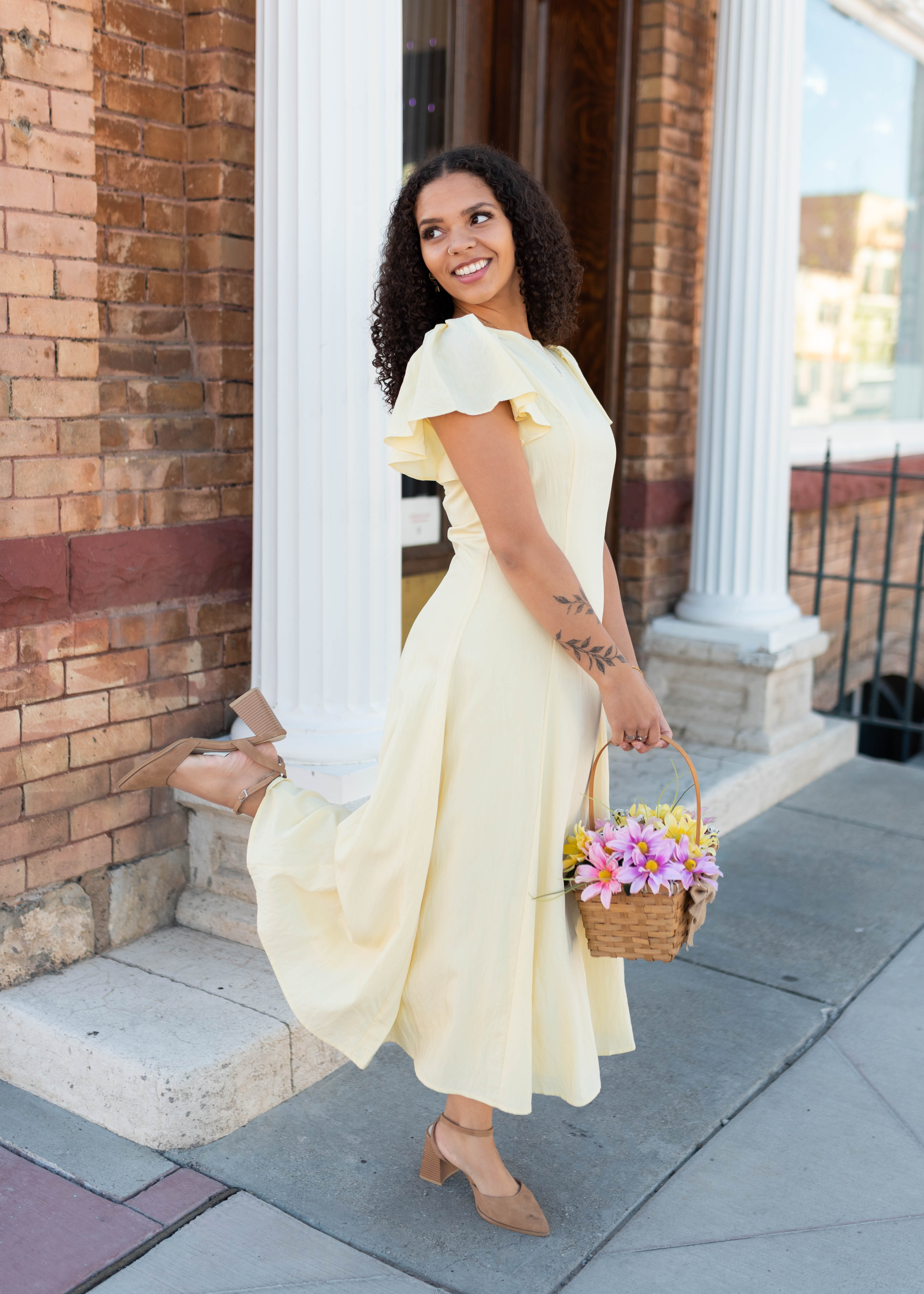 Lilah Yellow Flutter Sleeve Dress