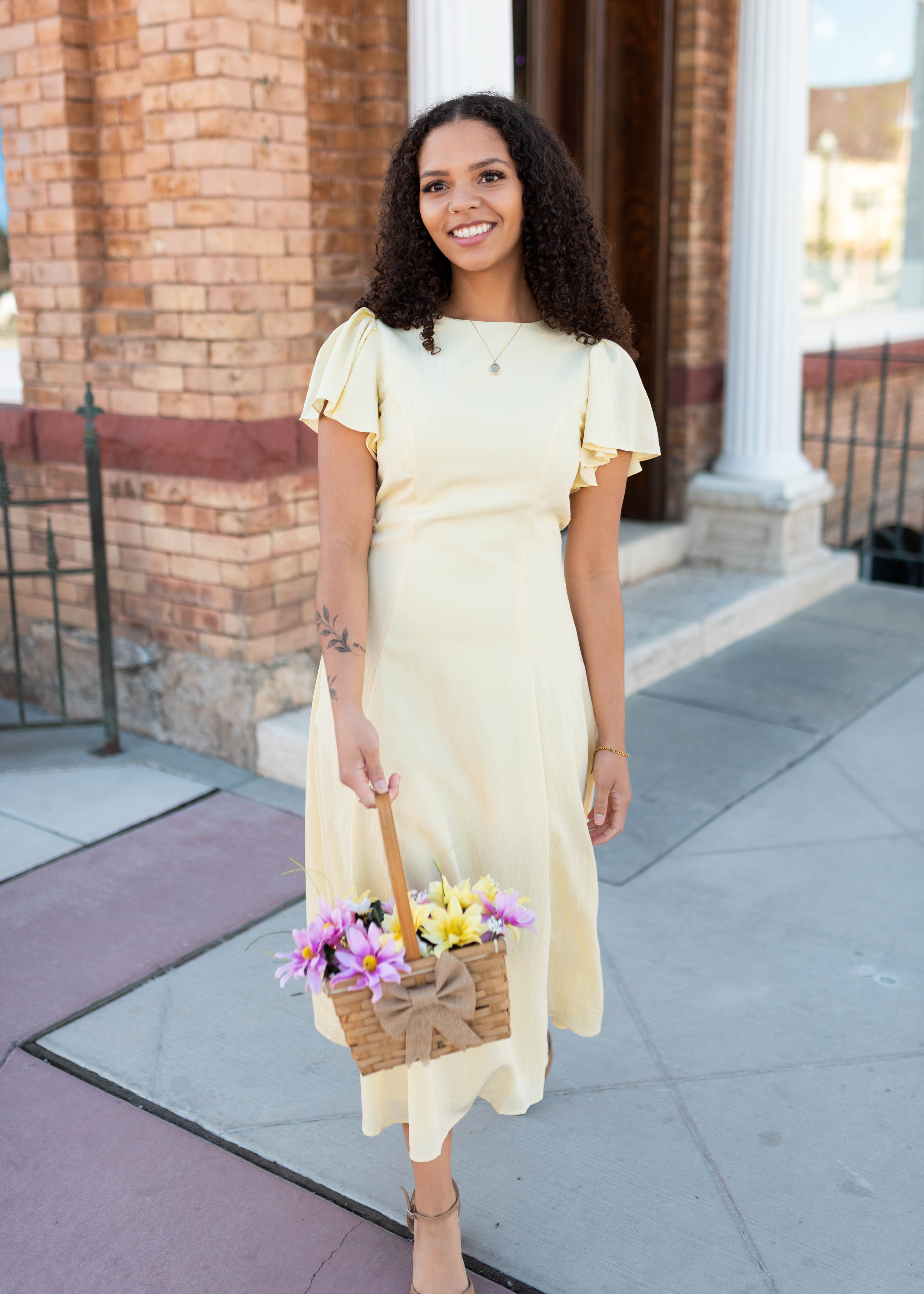 Lilah Yellow Flutter Sleeve Dress