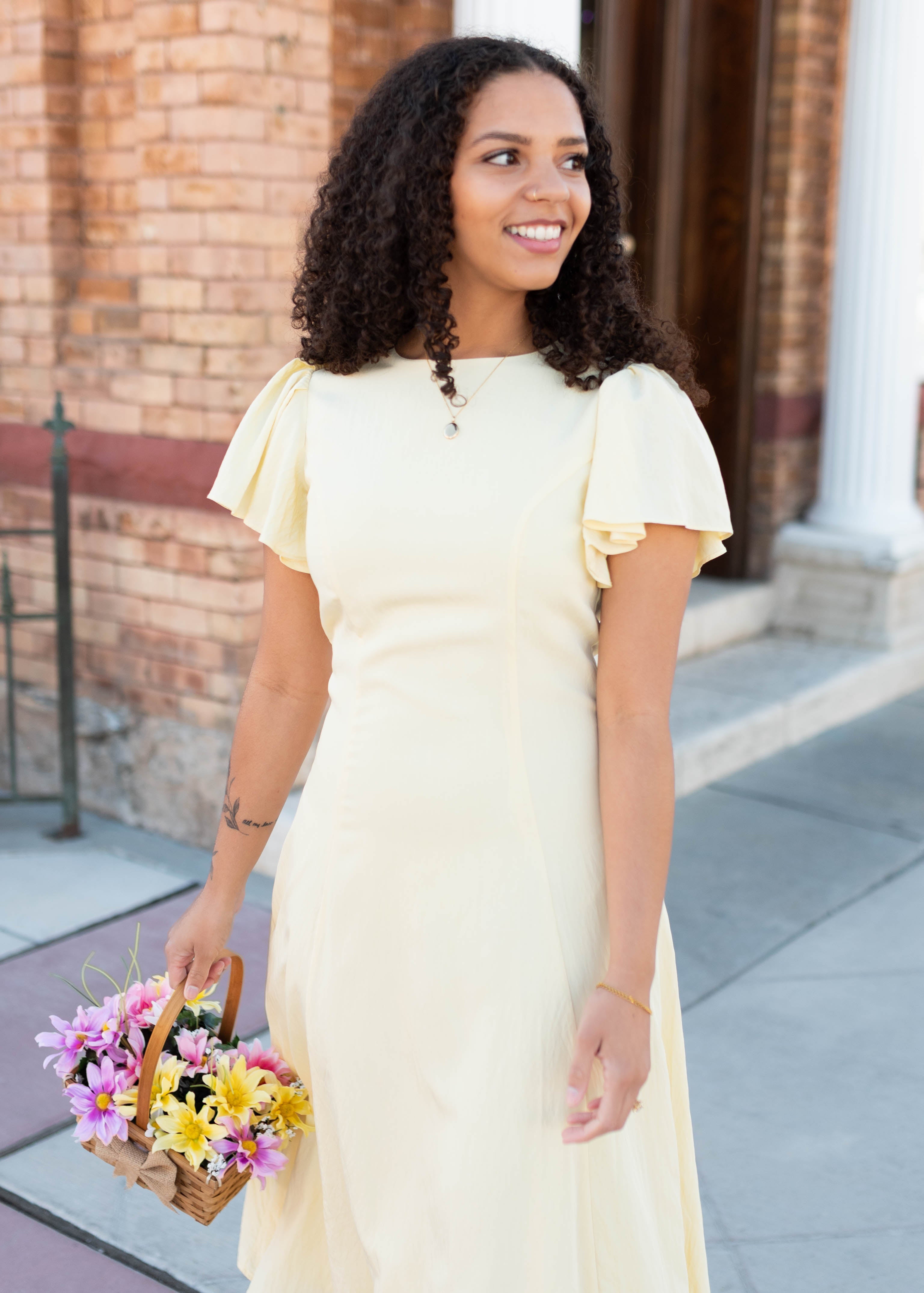 Lilah Yellow Flutter Sleeve Dress