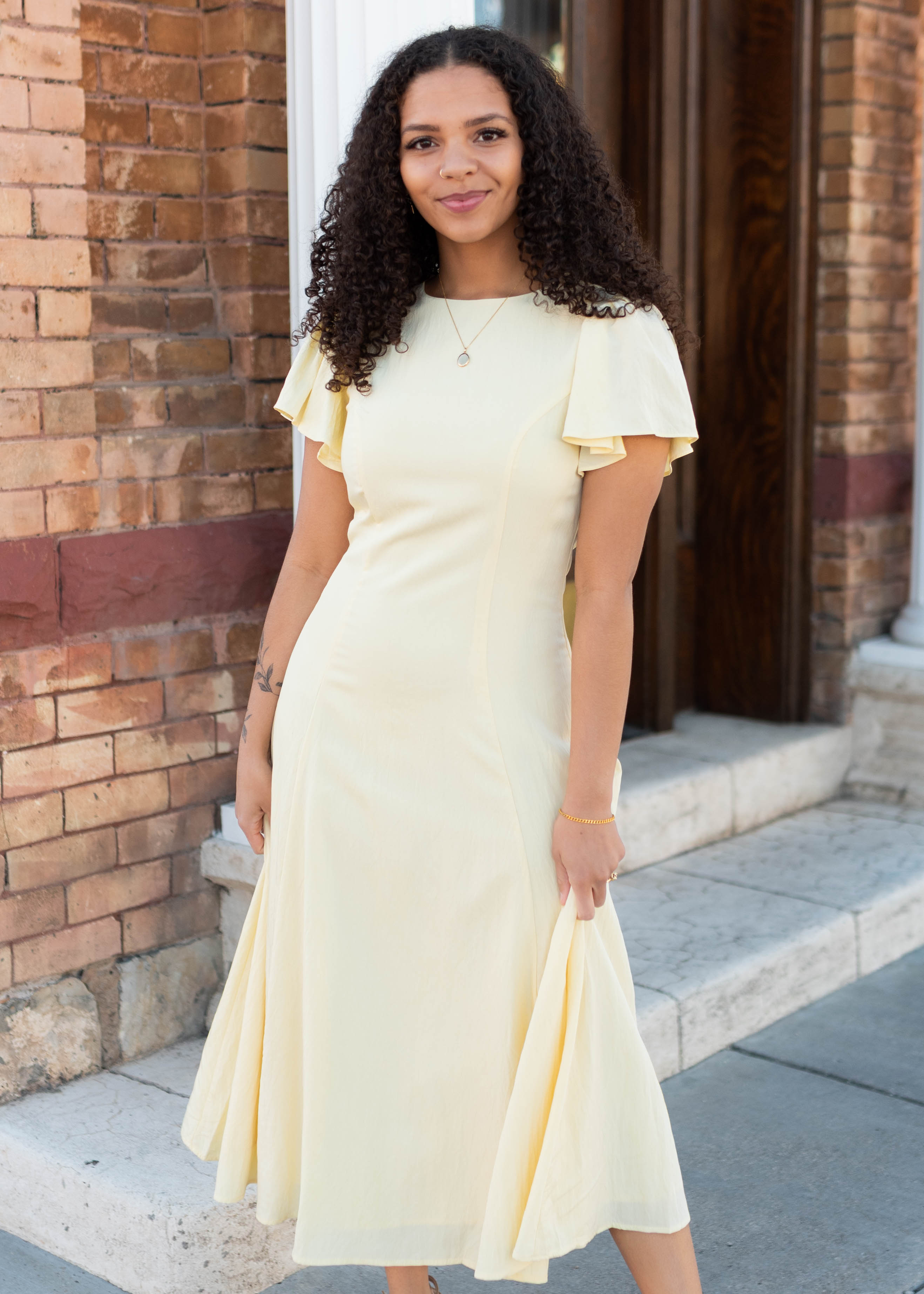 Lilah Yellow Flutter Sleeve Dress