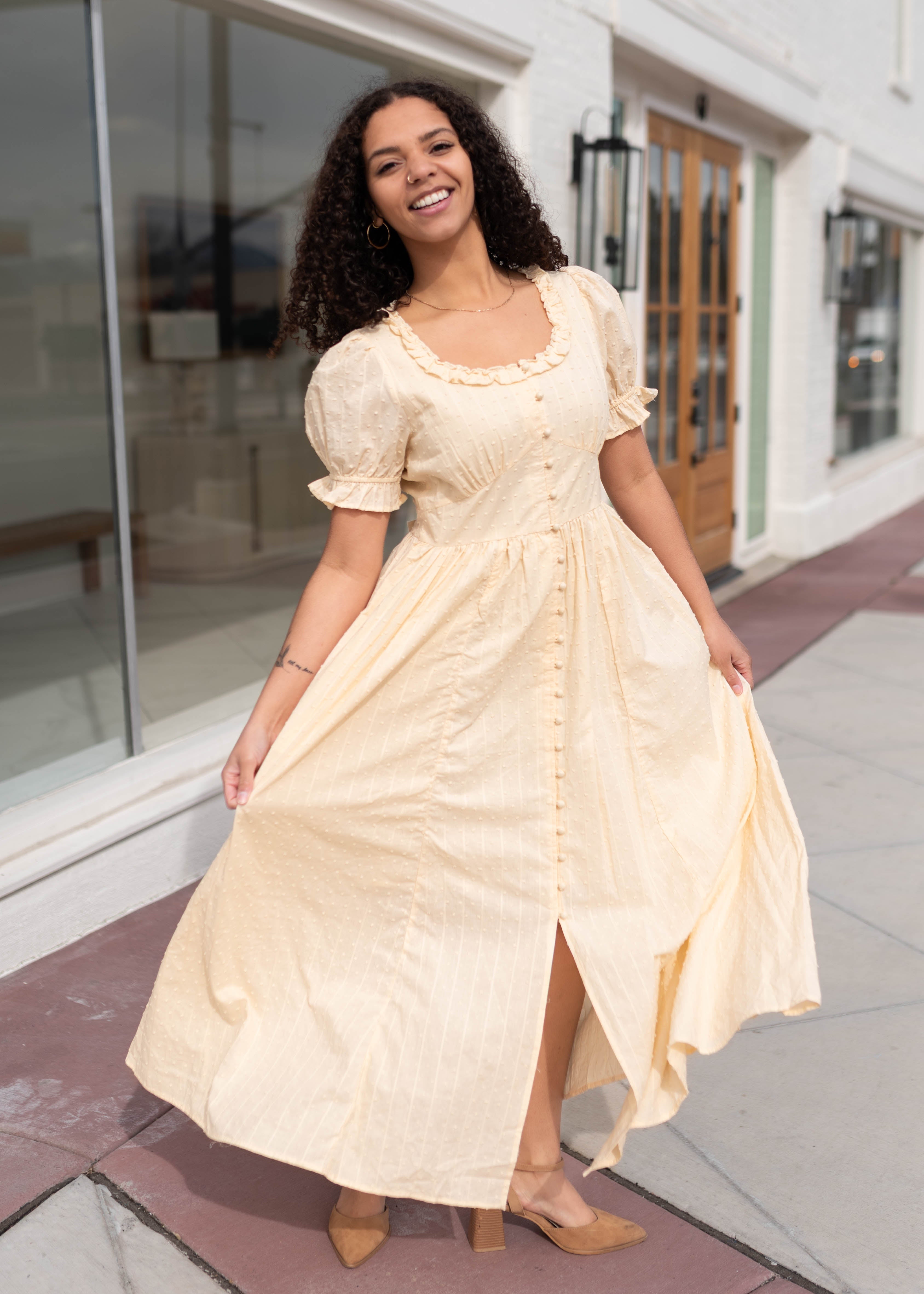 Linda Pale Yellow Swiss Dot Dress